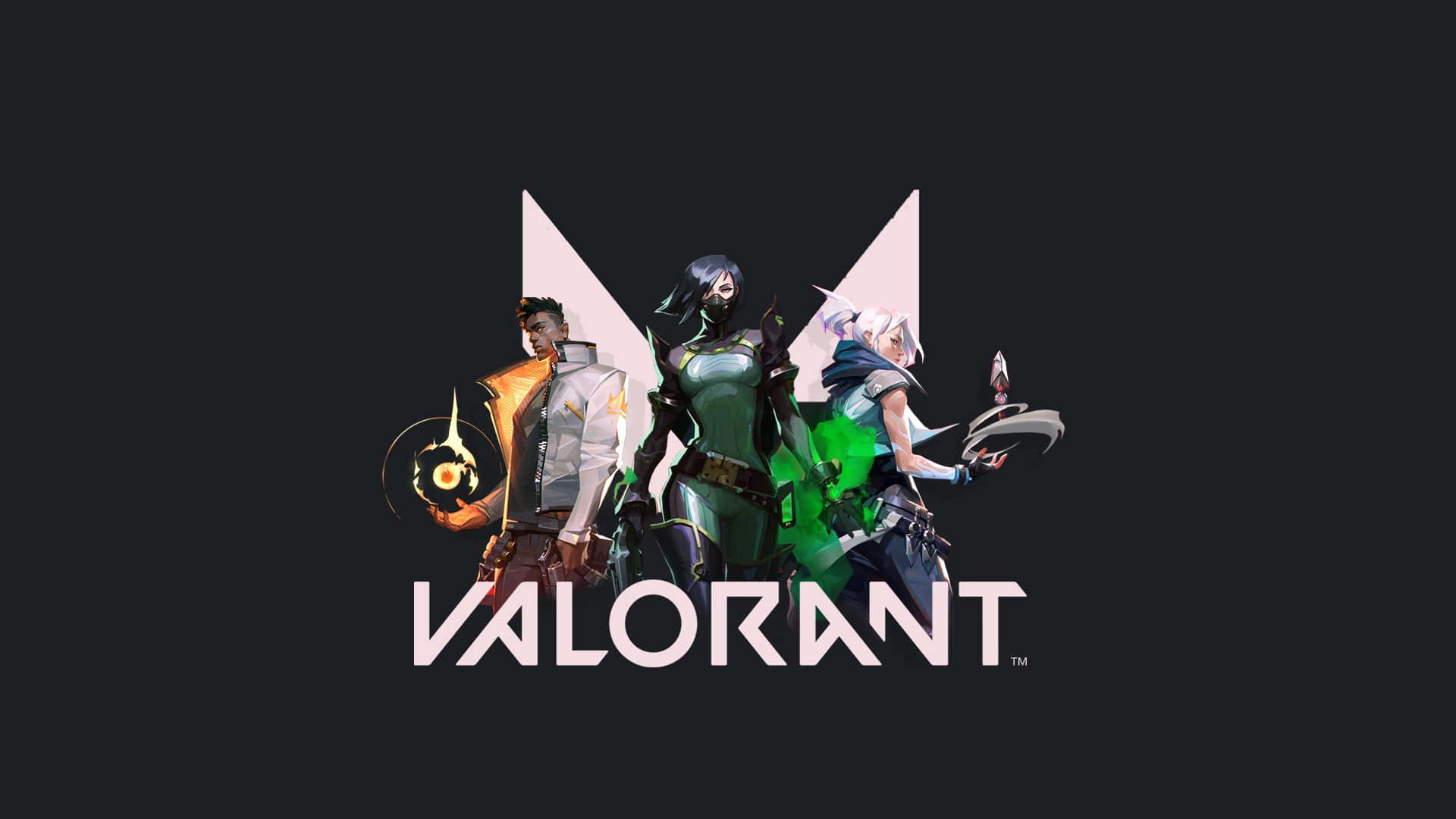 瞄準目標：《Valorant》1920x1080玩家視角 壁紙 — 三位風格化的Valorant特工自信地站在深色背景前，手持發光武器，下方是遊戲標誌。