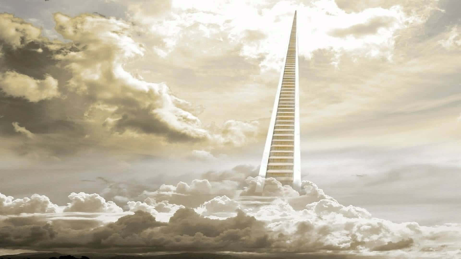 矗立於天堂之門 壁紙 — 一道發光的樓梯穿過戲劇性的雲層，升向光芒四射的天空，構成超現實的天界場景。
