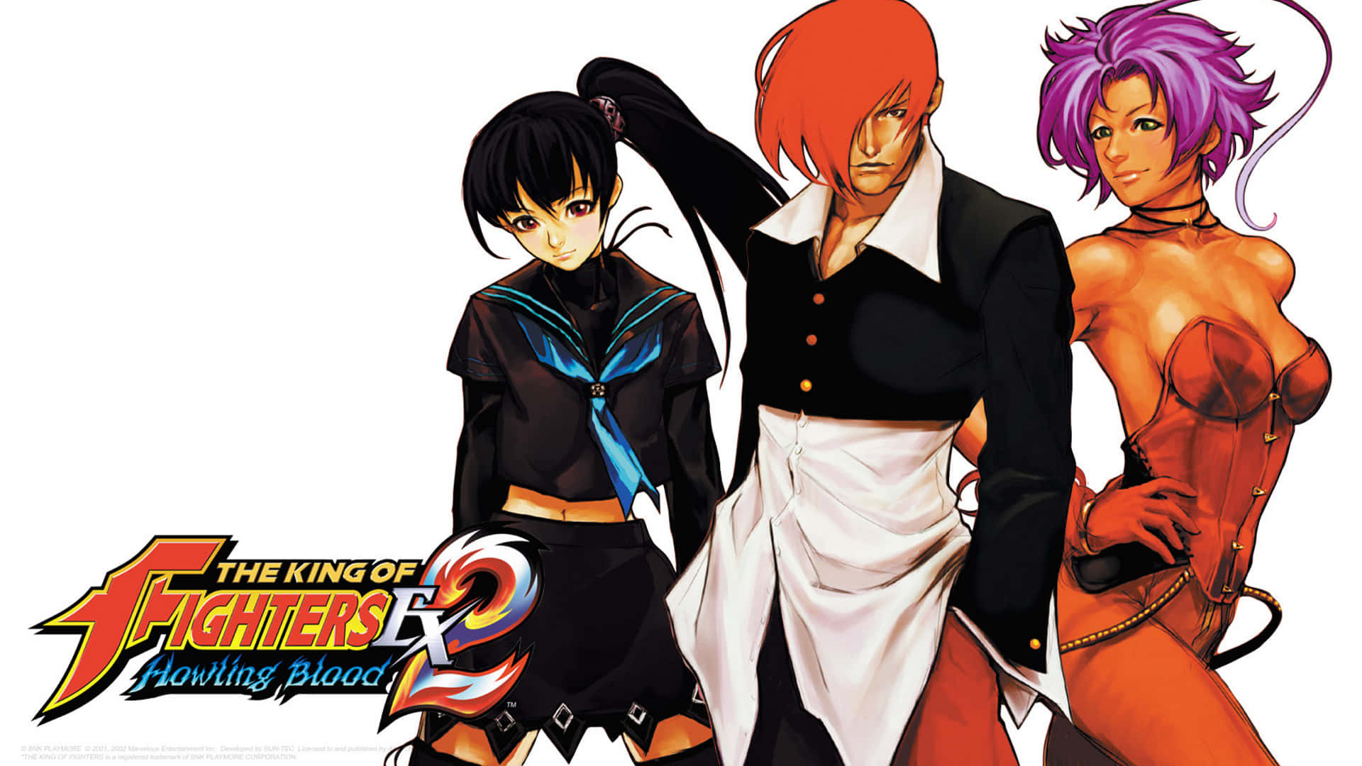 來自《The King of Fighters EX2 Howling Blood》的三位動漫角色擺出嚴肅的表情。