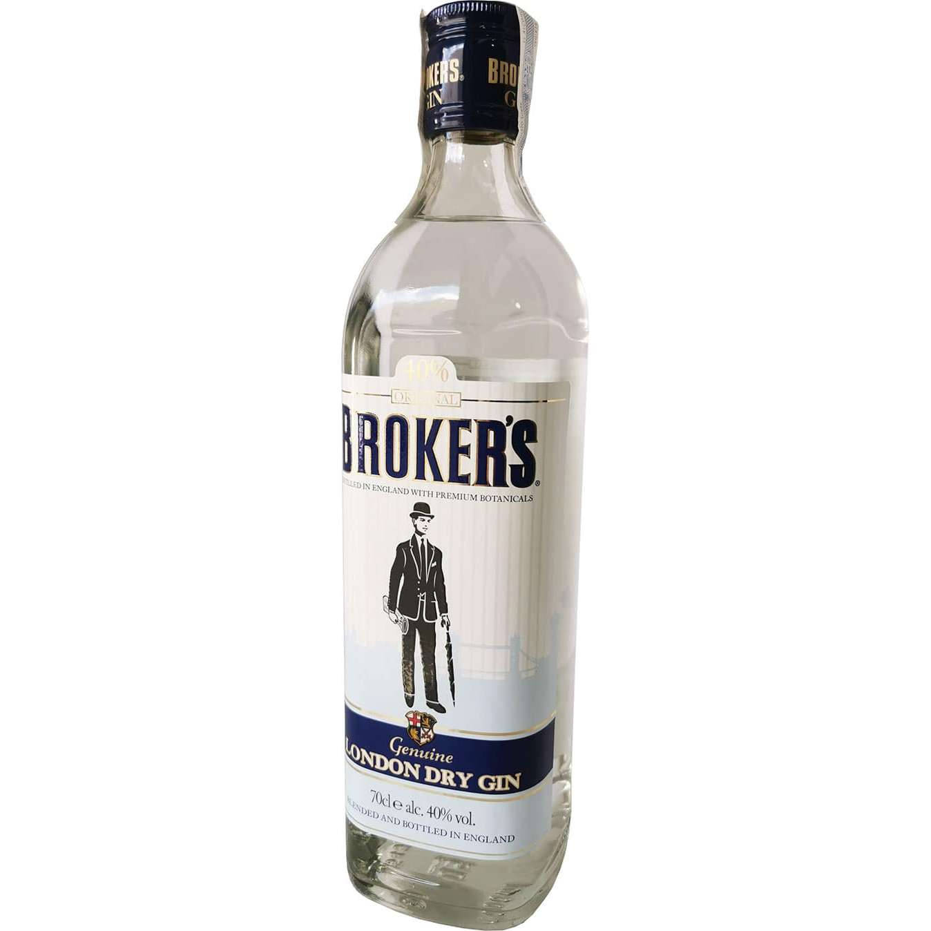 Broker's London Dry Gin瓶，標籤上有復古紳士插圖。