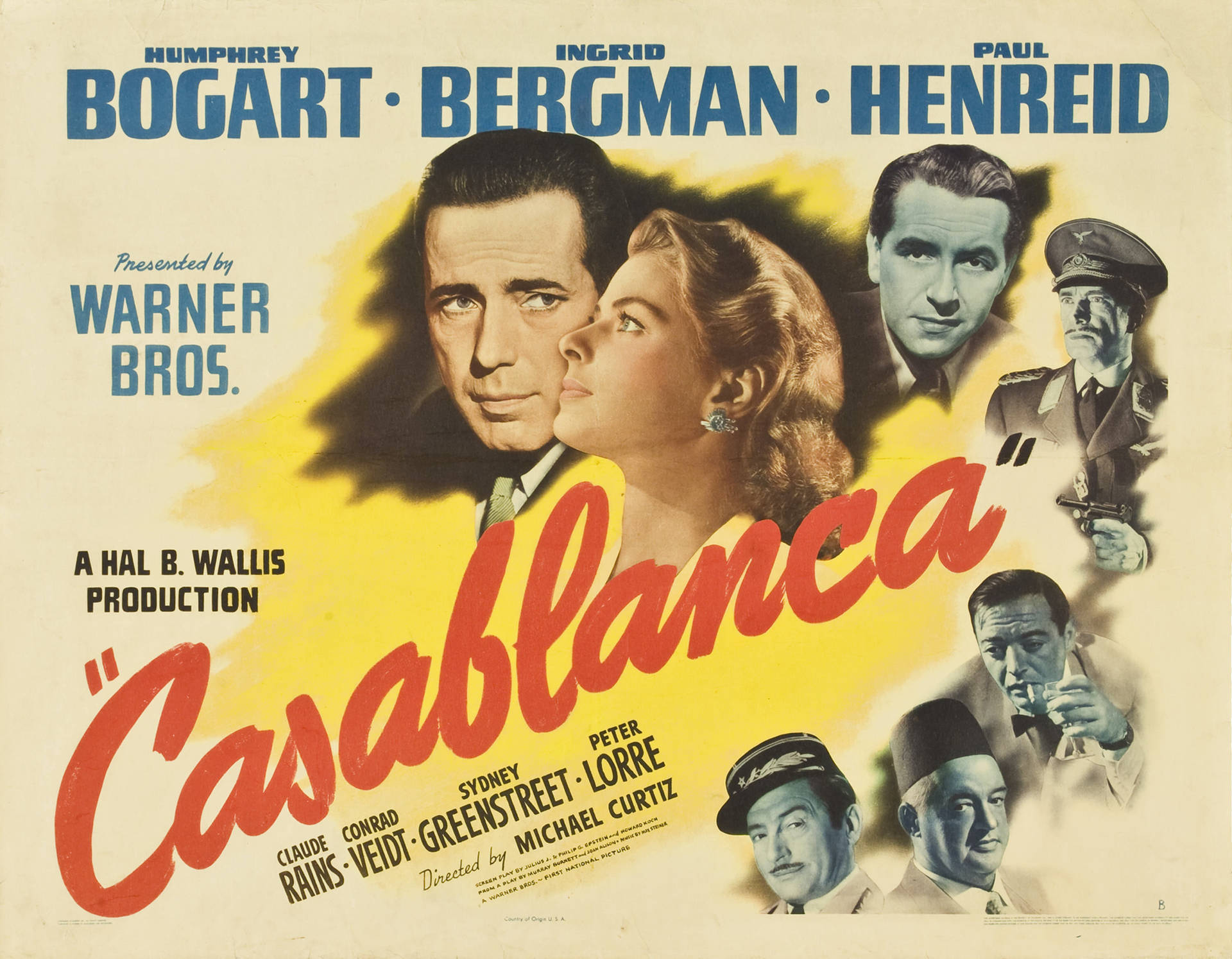 《北非諜影》電影海報，Humphrey Bogart 和 Ingrid Bergman 主演。