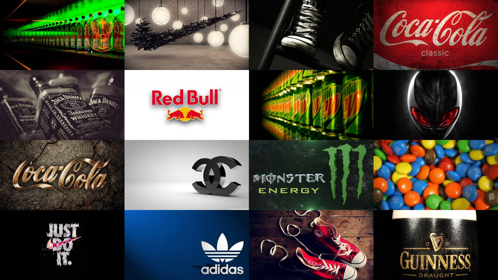 包含可口可樂、紅牛和運動鞋等著名品牌標誌和產品的拼貼畫。 — Adidas GIF 壁紙