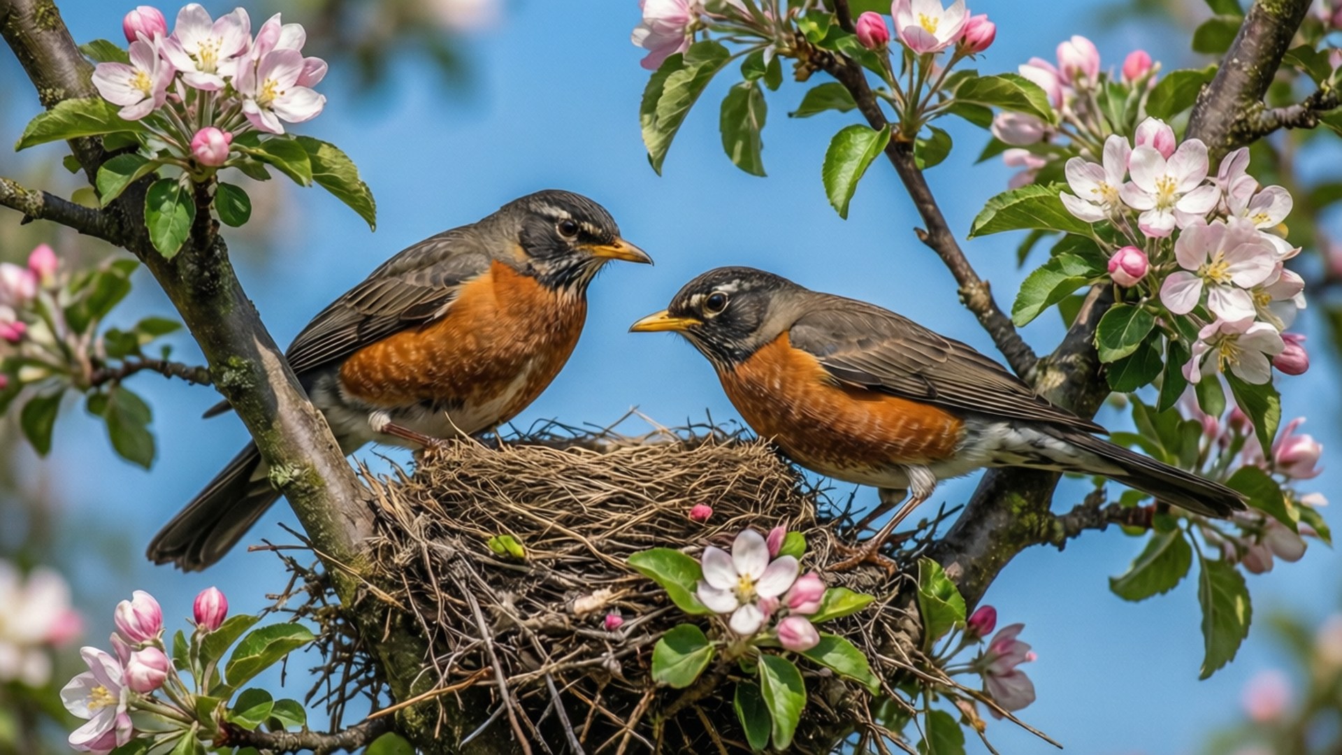 知更鳥與花開 壁紙 — 兩隻美洲知更鳥棲息在巢中，四周是盛開的粉紅色和白色蘋果花，背景是清澈的藍天。