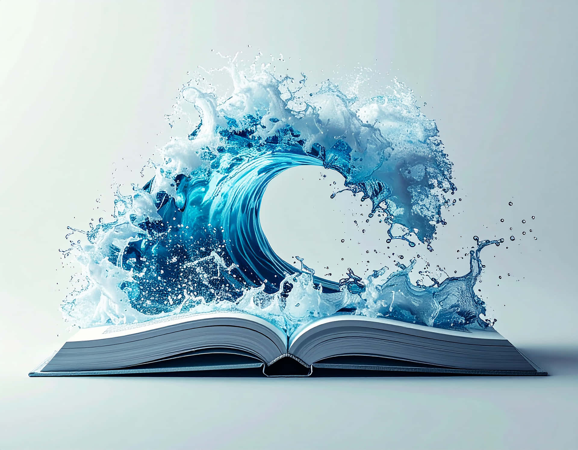 打開的書本，藍色海洋波浪從書頁中迸發，背景為灰色。