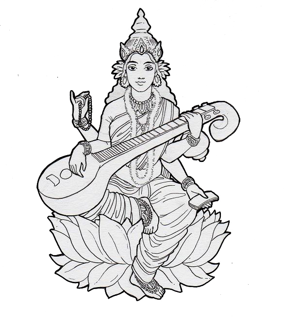 知識與音樂之女神薩拉斯瓦蒂 壁紙 — 一位優雅的印度教女神坐在蓮花上，手持西塔琴，穿著精緻的傳統服飾和頭冠。