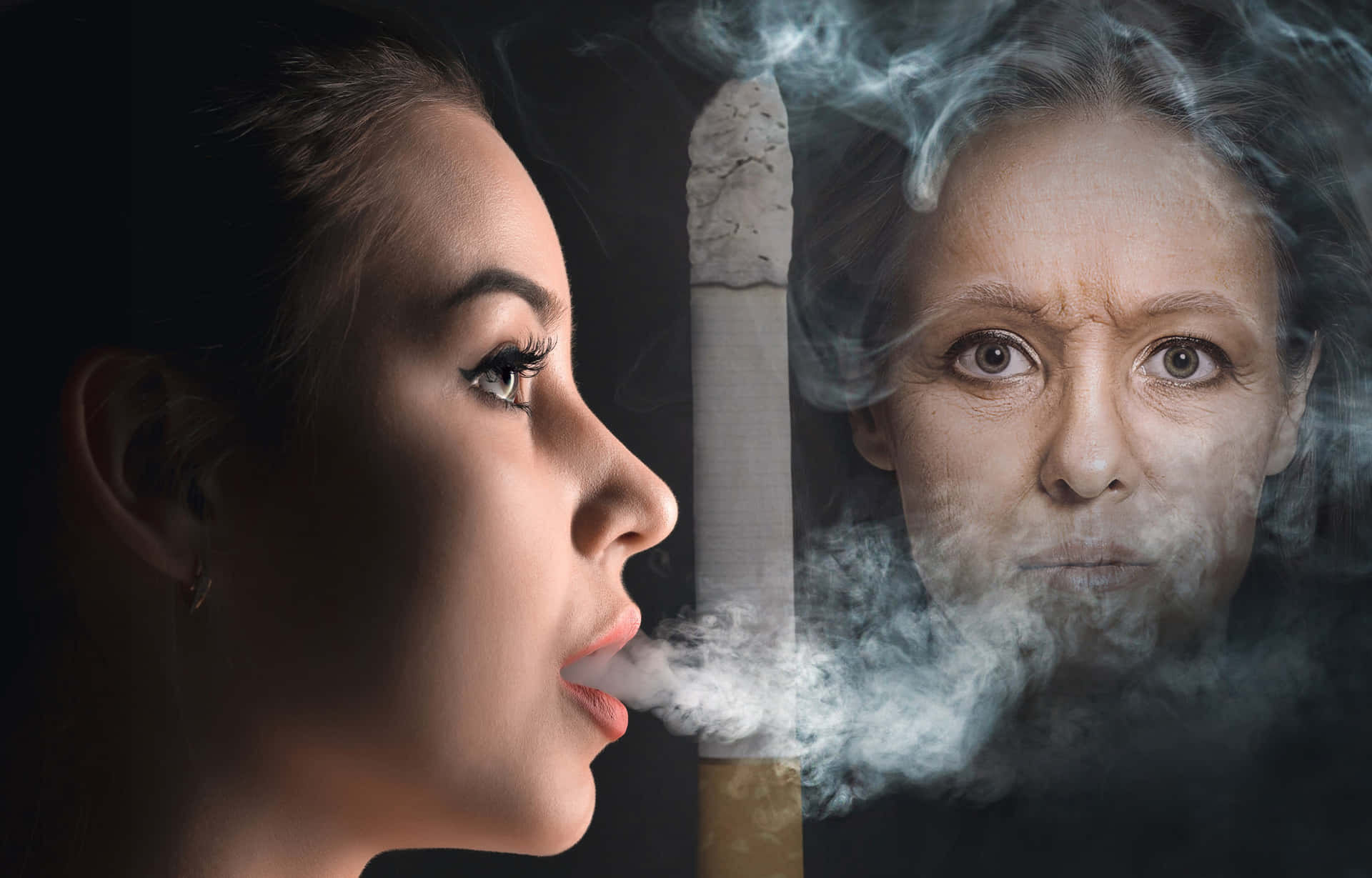 年輕女性呼出煙霧形成年長女性幽靈面孔