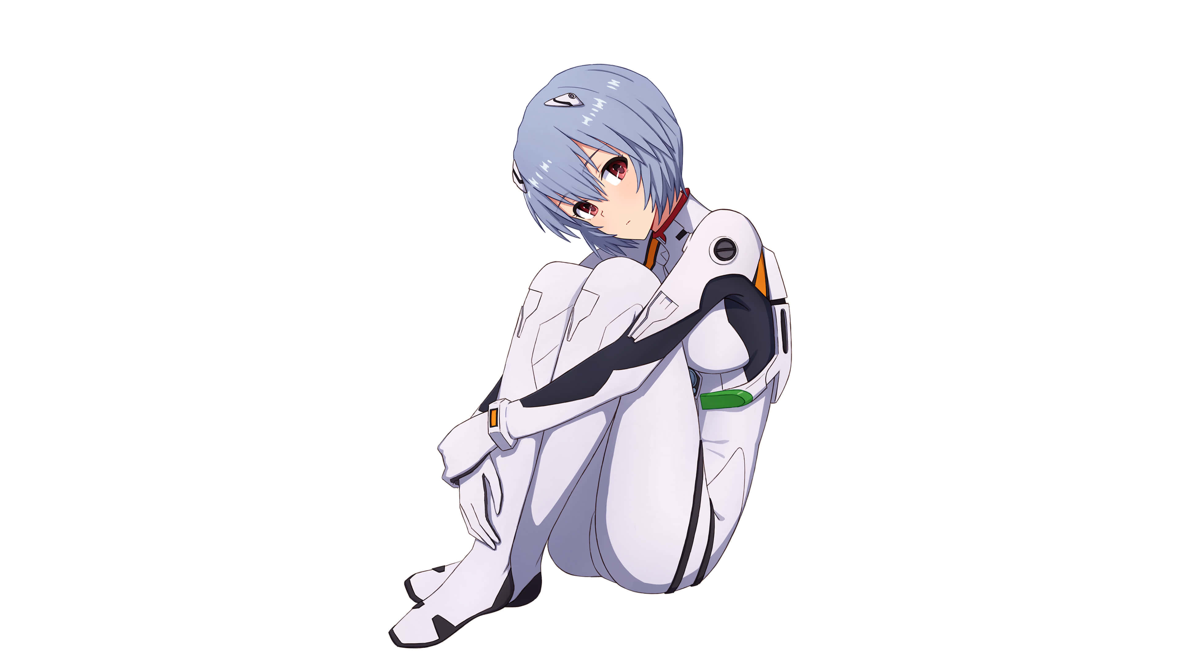 rei ayanami 桌布 壁紙 — 短藍髮動漫女孩穿著白色連體衣蜷縮在純白背景上。