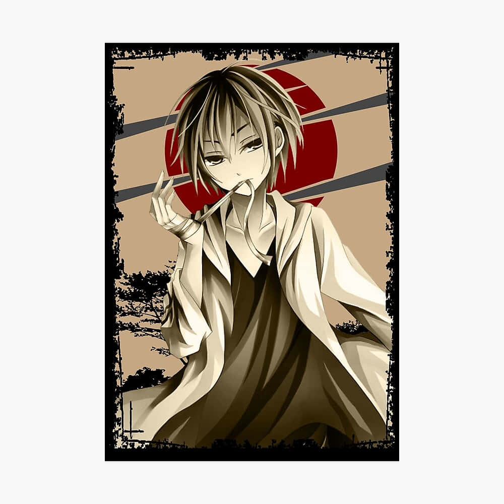 Aoba Kuronuma 桌布 壁紙 — 短髮、身穿白色長袍的動漫男孩，在紅色太陽和黑色條紋背景下手持香煙。