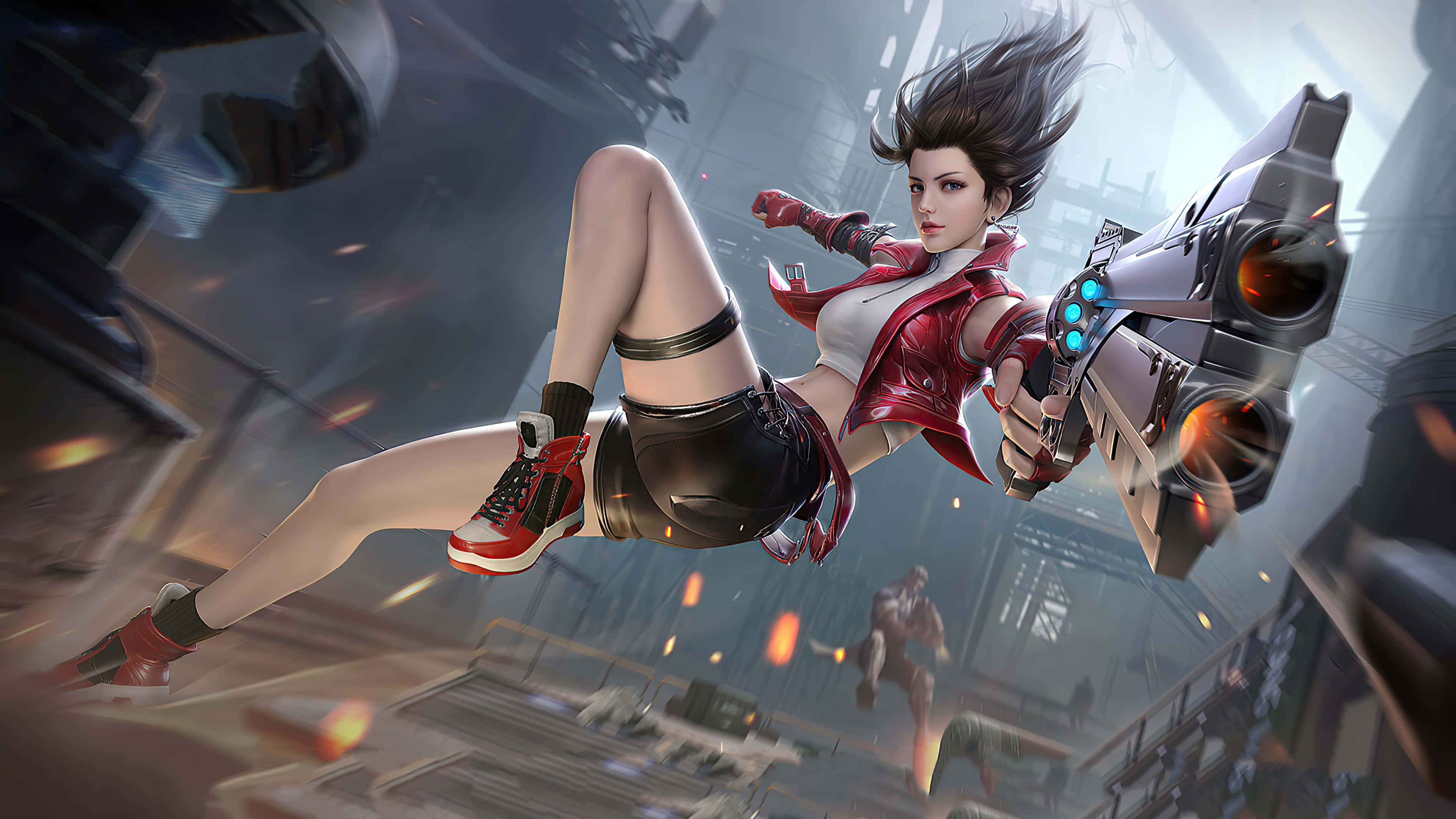 短髮PUBG女孩遊戲頭像 壁紙 — 一位身穿紅色皮衣的動感女戰士，手持發光能量武器，躍過破碎的未來城市景觀。