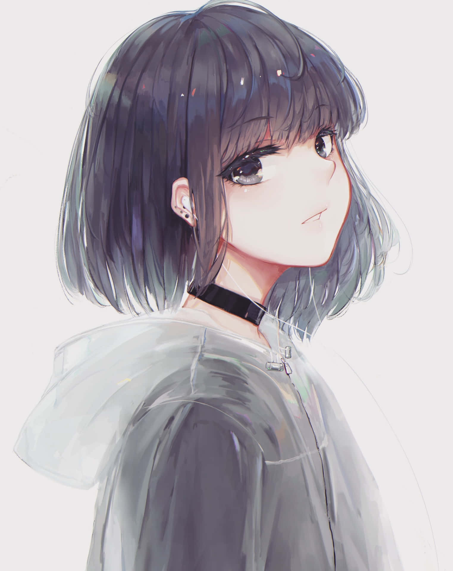 短黑髮戴耳機的動漫女孩穿著透明連帽衫。