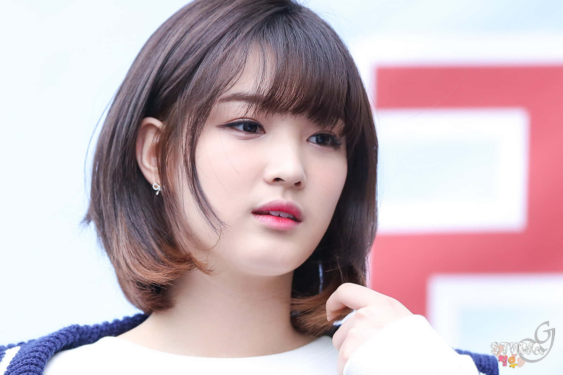 短髮可愛韓國女孩肖像 壁紙 — 一位留著短棕色鮑伯頭和瀏海的年輕女性，在模糊的紅白背景下若有所思地整理頭髮。