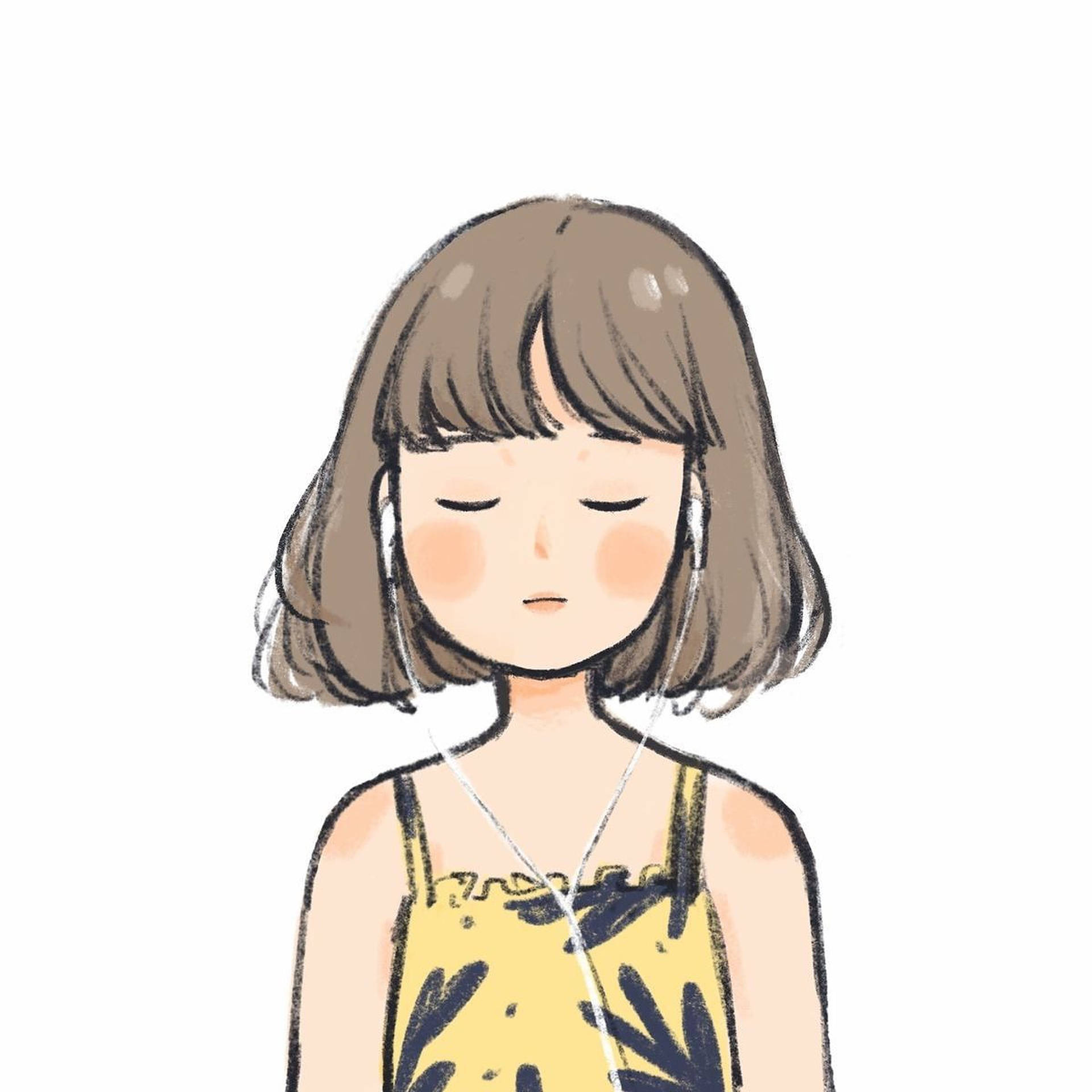 短髮女孩數位藝術頭像 壁紙 — 一個寧靜的插畫女孩，閉著眼睛戴著耳機，穿著黃色花卉上衣，背景為純白色。