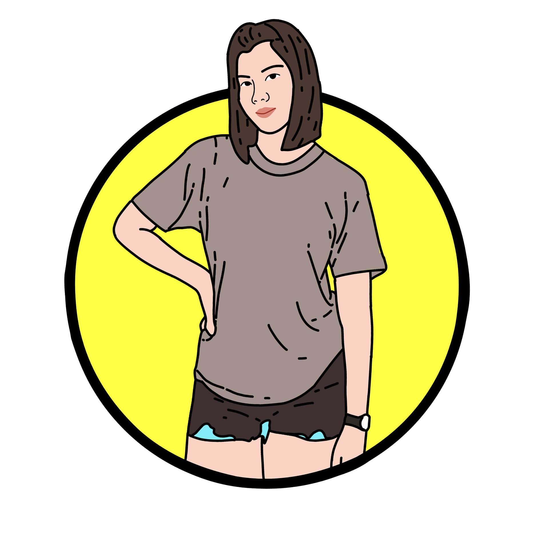 一位穿著休閒服裝的女性自信地站在黃色圓圈內。