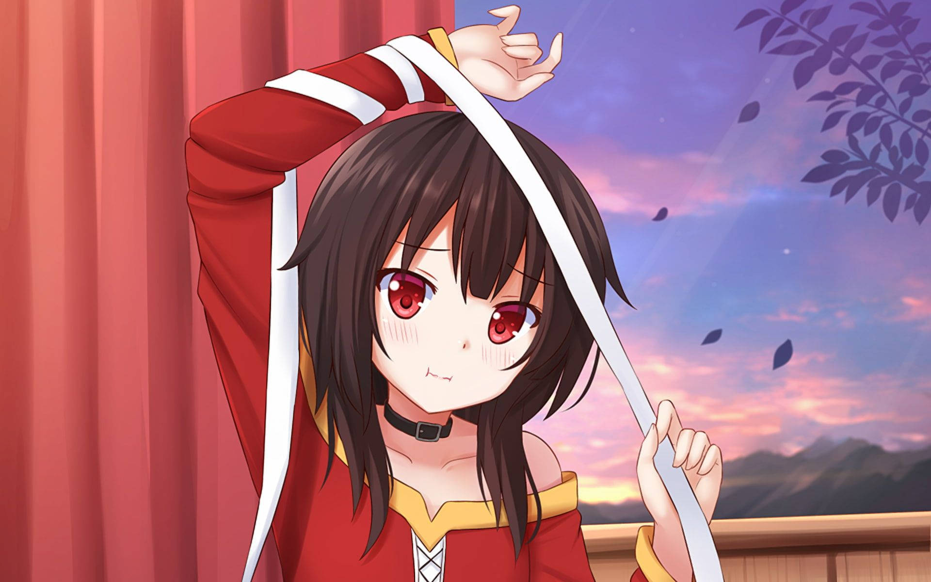 動漫女孩穿著紅色服裝，在黃昏時分於窗邊拿著絲帶，落葉飄落。