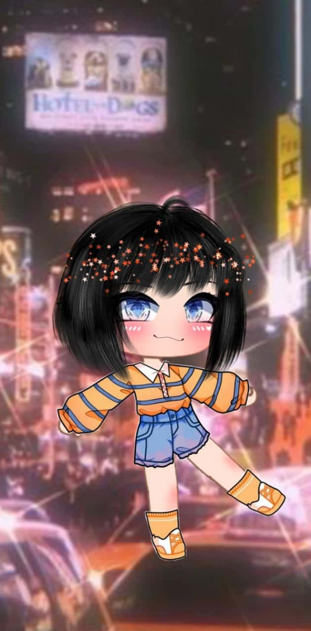 擁有星星頭髮的Q版動漫女孩在夜晚發光的城市上漂浮。