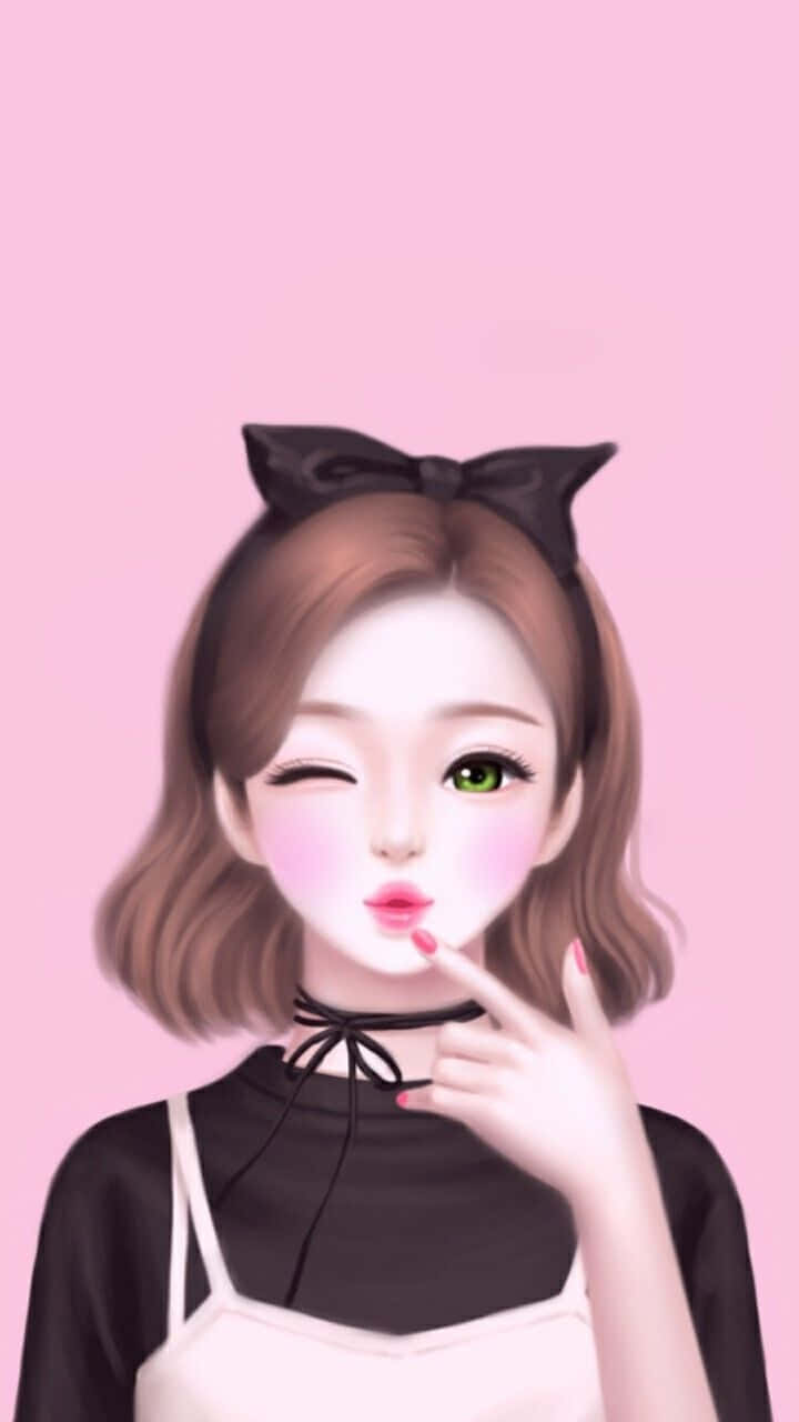 短髮美女照片 壁紙 — 一個可愛的動漫女孩，棕色頭髮，戴著黑色蝴蝶結，在柔和的粉紅色背景上頑皮地眨眼。