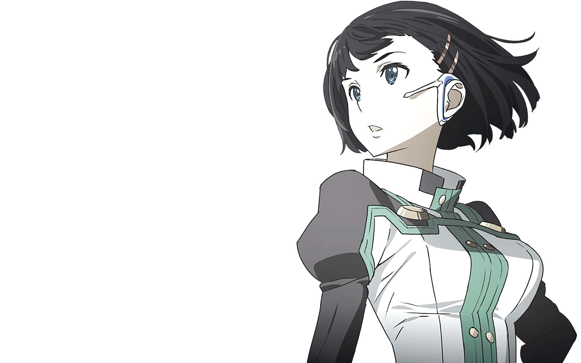 Suguha Kirigaya 桌布 壁紙 — 短黑髮藍眼動漫女孩，戴著未來風白色和綠色服裝及耳機，背景為純白色。