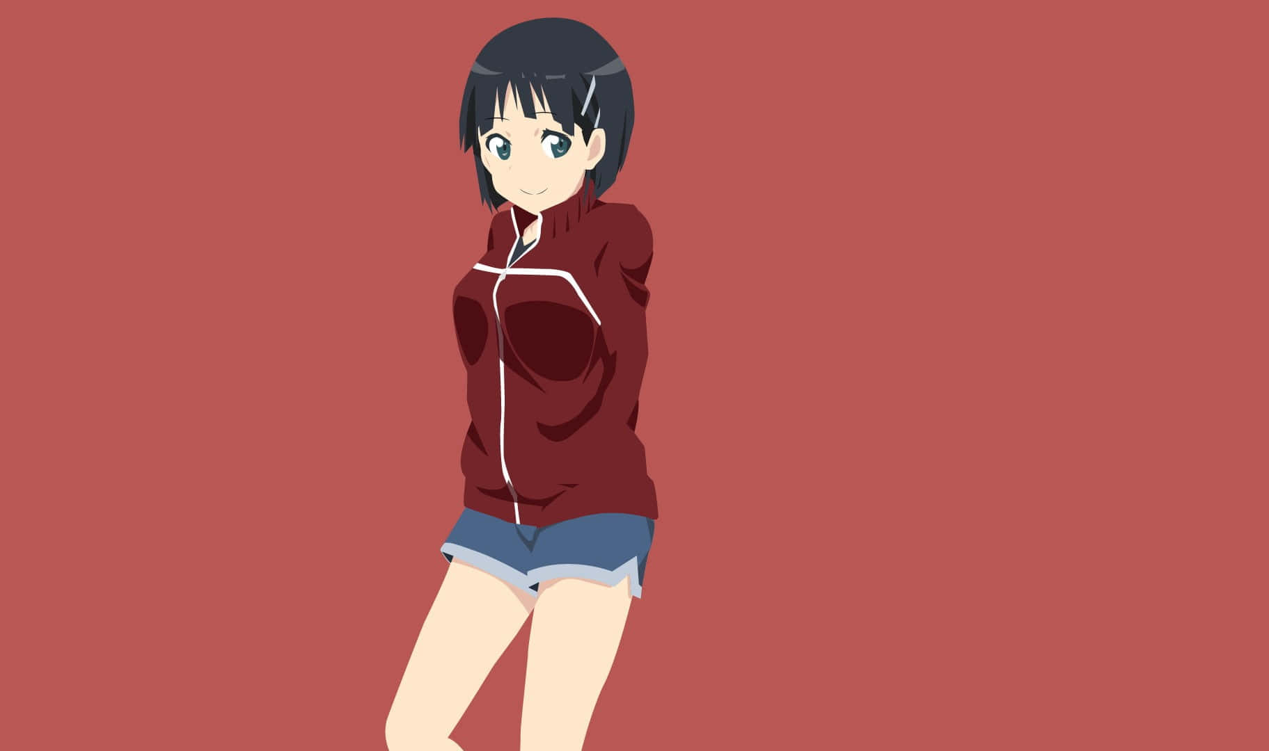 Suguha Kirigaya 桌布 壁紙 — 短黑髮藍眼動漫女孩，穿著紅色連帽衫和牛仔短褲，在純紅色背景前微笑。