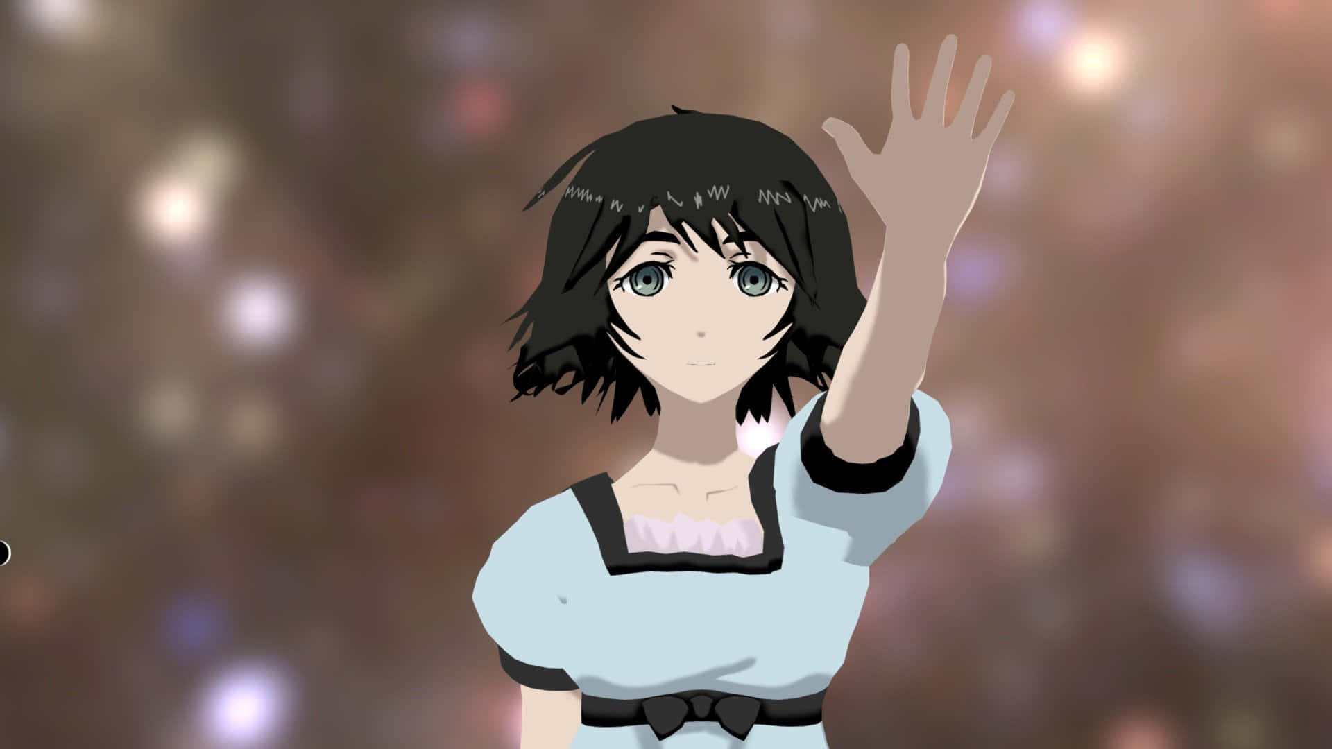 Mayuri Shiina 桌布 壁紙 — 短黑髮藍眼動漫女孩在柔和發光散景背景前愉快地揮手。