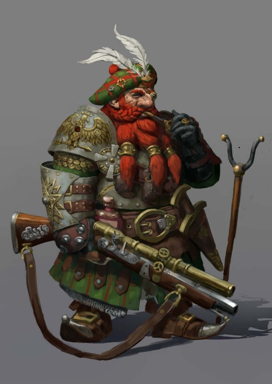 矮人置身林間 壁紙 — 一個強壯的矮人戰士，身穿華麗盔甲和綠色格紋裙，一邊抽煙斗，一邊手持火槍和法杖。