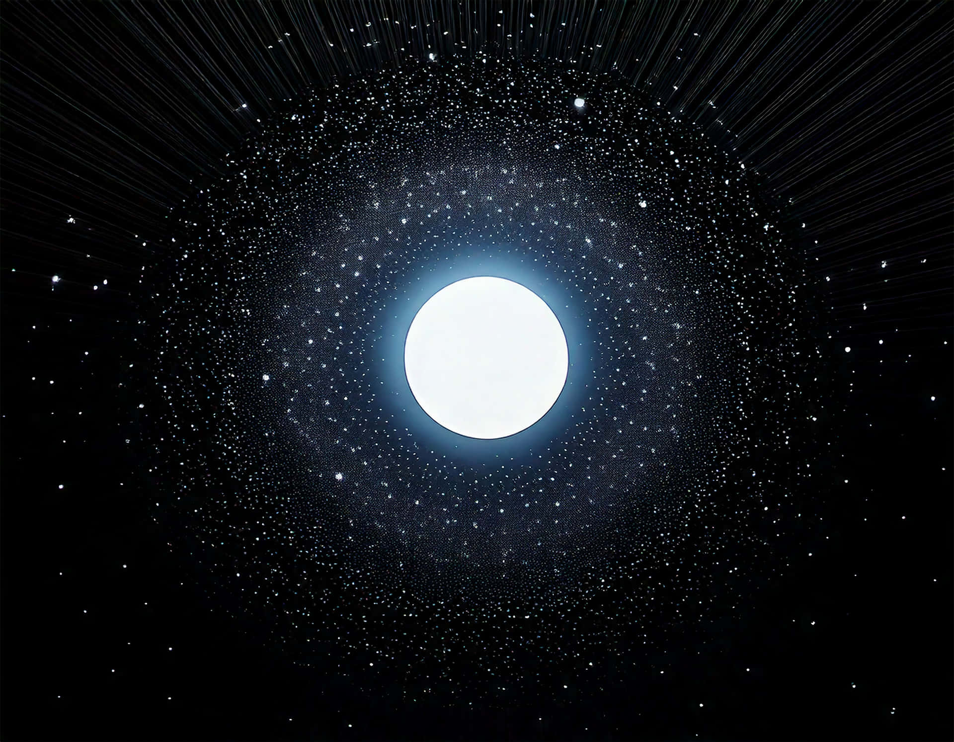 太空中一顆明亮的白色月亮，周圍環繞著星星和輻射光束