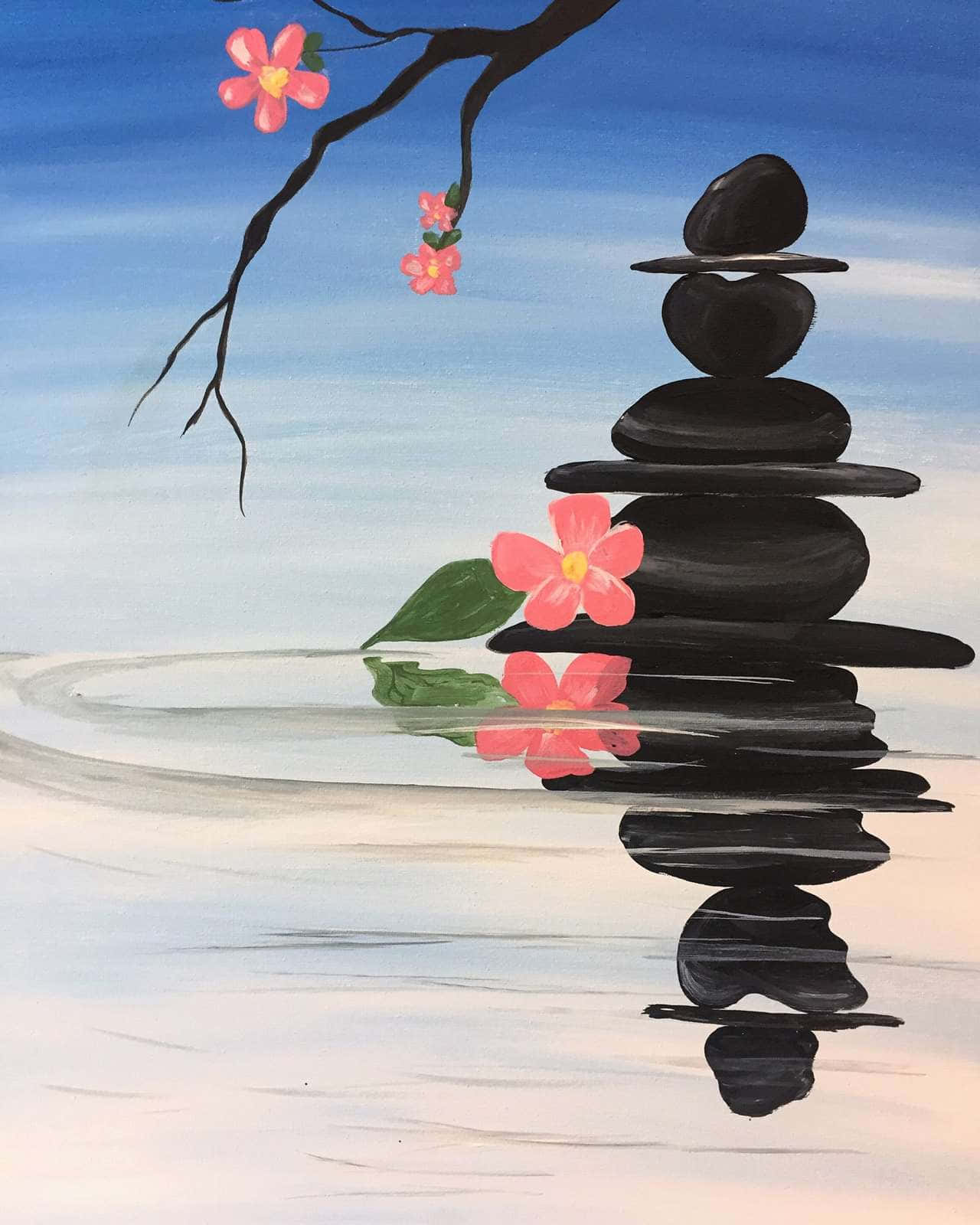 水邊黑色疊石、粉紅櫻花及其倒影。