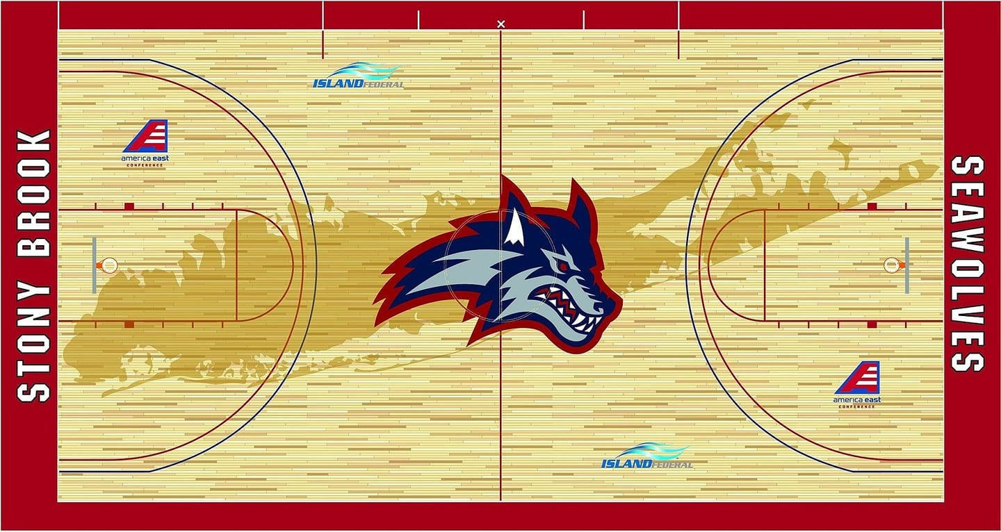 Stony Brook Seawolves 籃球場，帶有狼吉祥物標誌。