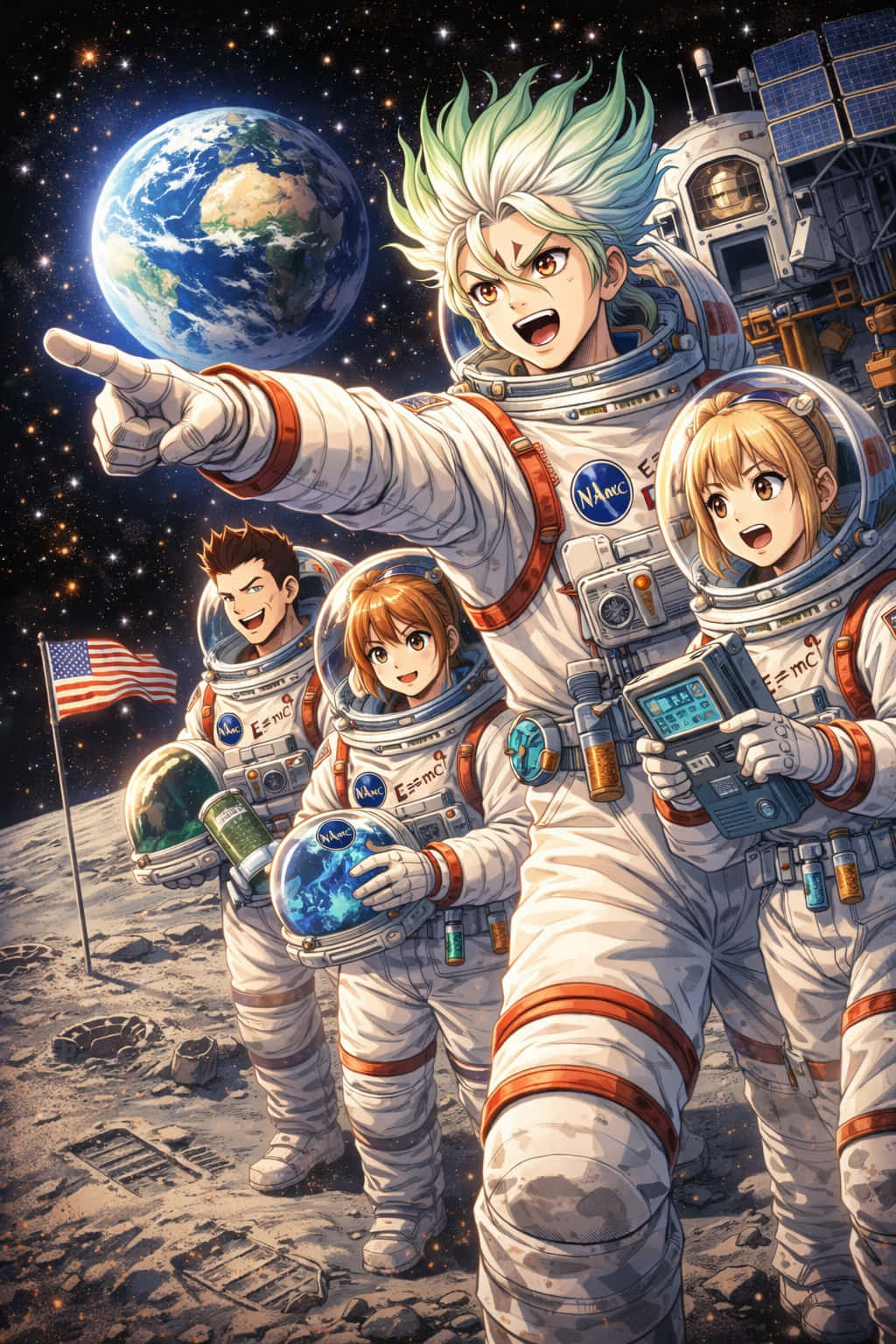 石神一郎太空探索 壁紙 — 四個動畫太空人穿著白色太空衣站在月球上指向地球，身後有美國國旗和太空站。