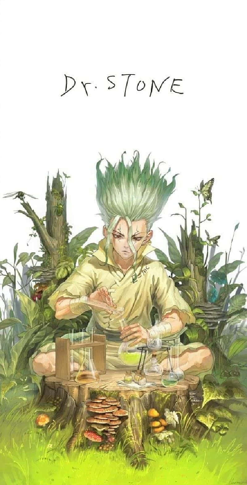 石神博士化學畫面 壁紙 — 一位綠髮科學家在叢林環境中，在樹樁上的玻璃燒瓶中混合發光的液體。