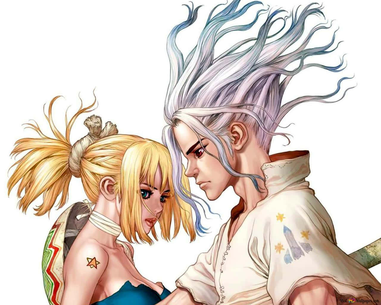 石神博士情侶畫面 壁紙 — 一對充滿活力的動漫情侶，擁有狂野的頭髮和富有表現力的眼睛，在純白背景下進行強烈的特寫。