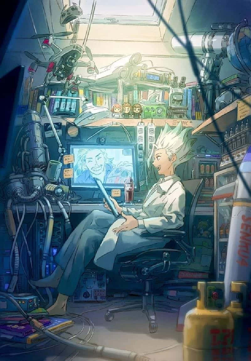 石神博士房間設計畫面 壁紙 — 一位微笑的動漫科學家，有著尖刺的白髮，坐在一個充滿小工具和顯示器的凌亂實驗室裡。