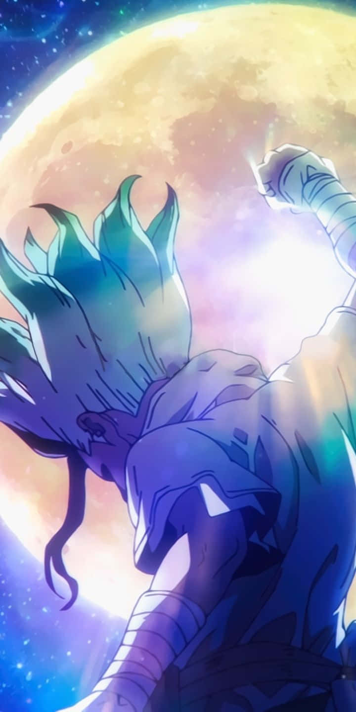 石神博士月夜畫面 壁紙 — 藍髮動漫戰士在宇宙天空中舉起發光的拳頭對抗巨大的月亮。