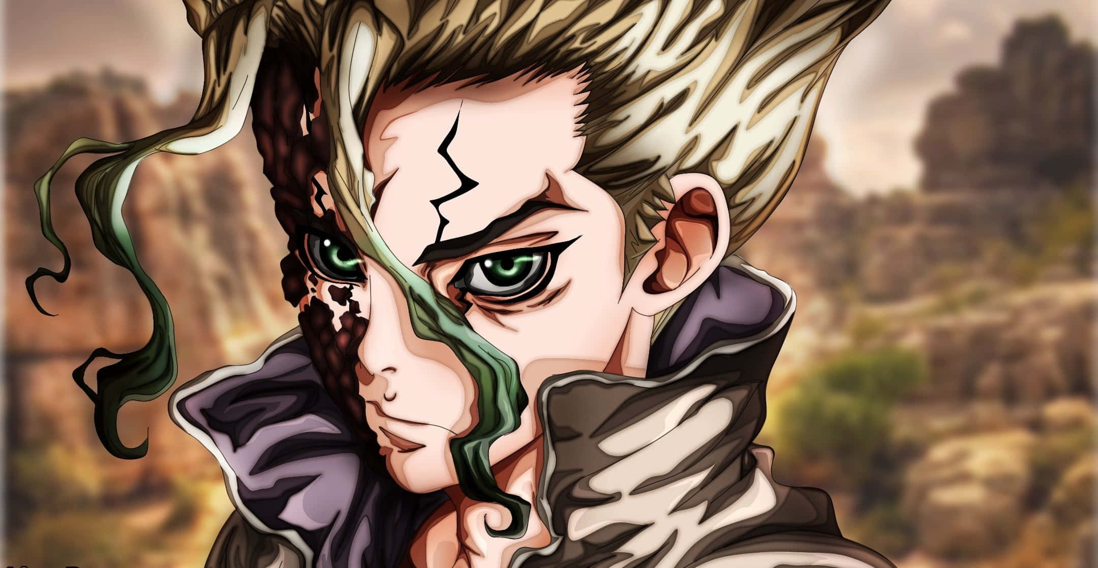 石神博士美學畫面 壁紙 — 一個戲劇性的動漫角色，擁有綠色眼睛和分裂的臉，站在岩石沙漠景觀中。
