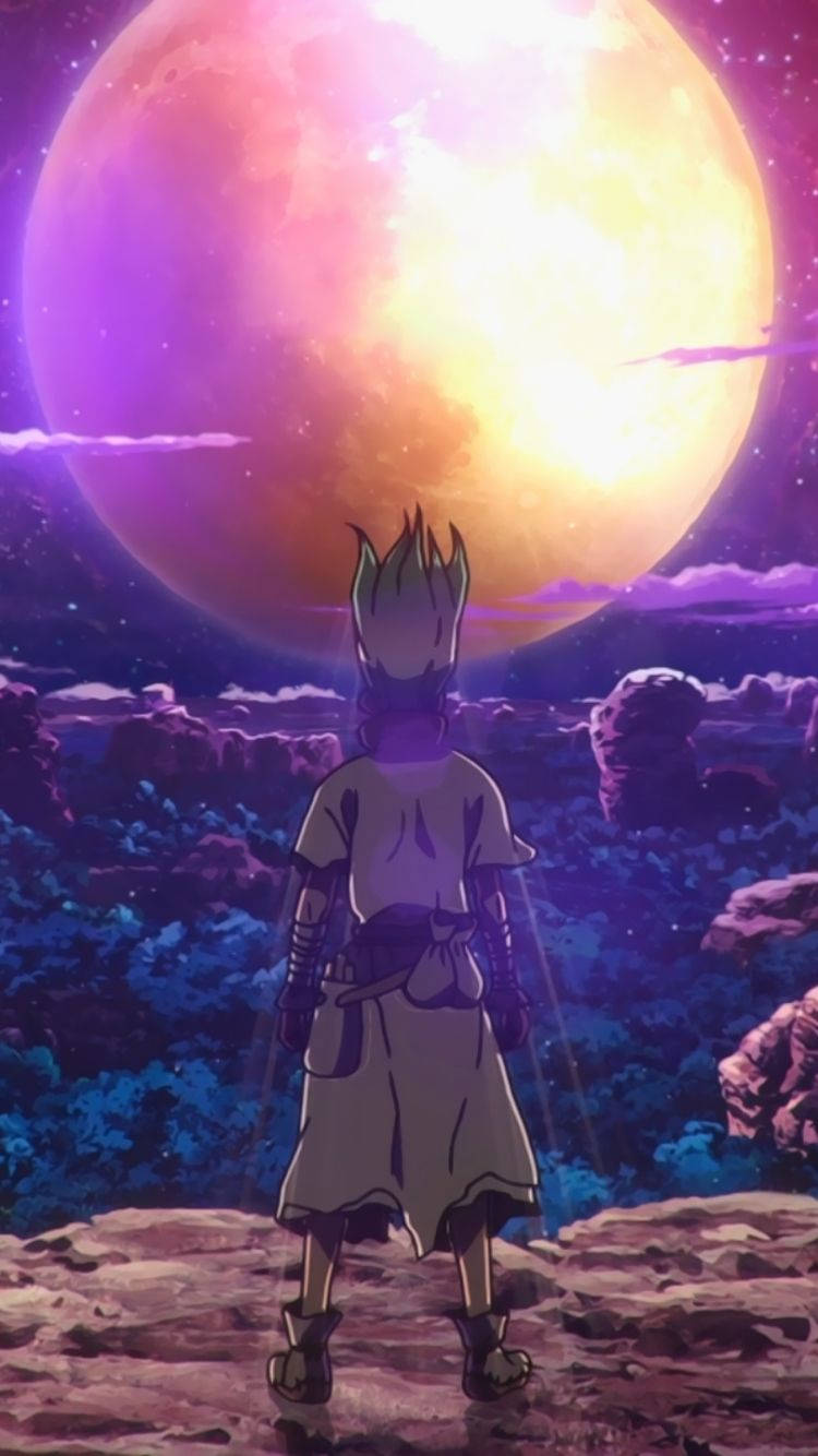 動漫角色站在外星行星上，在巨大的發光月亮下