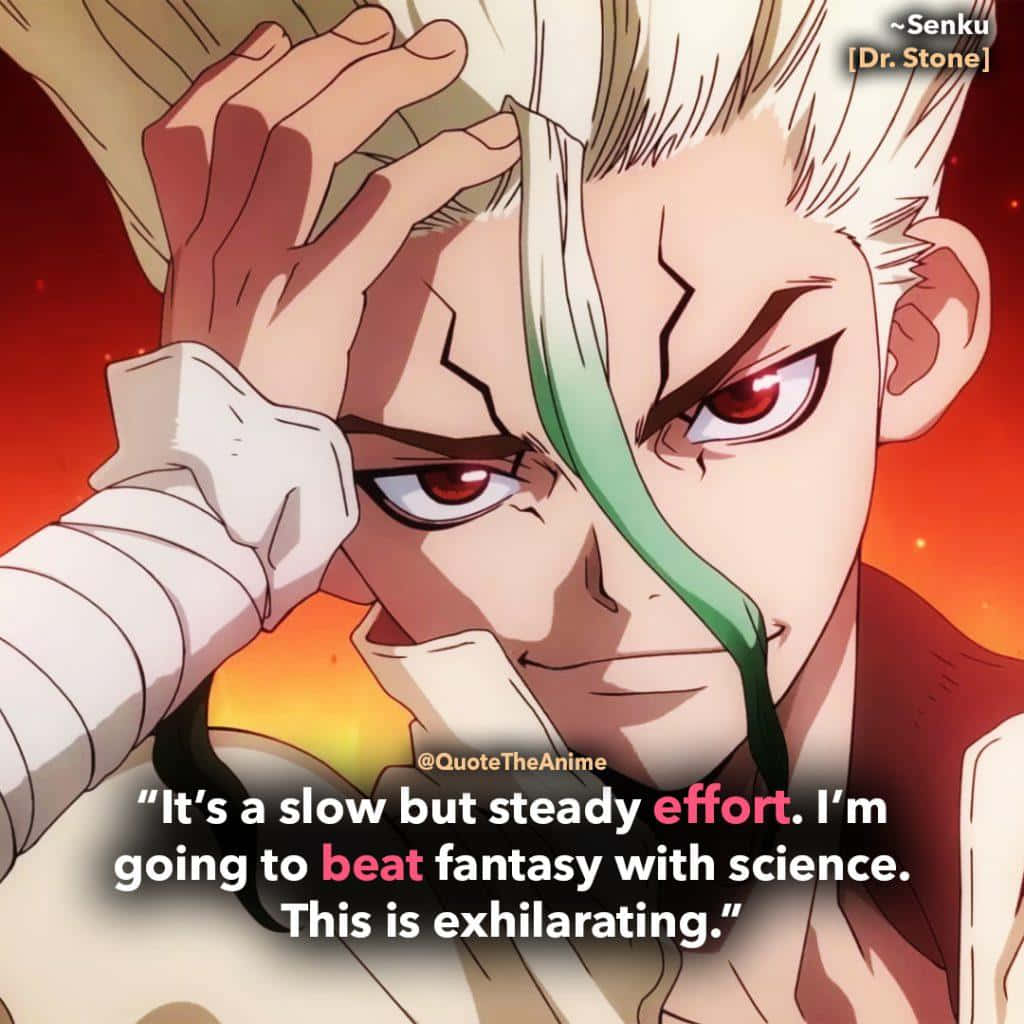 來自《Dr. Stone》的動漫角色千空，帶有堅定的表情和文字疊加。