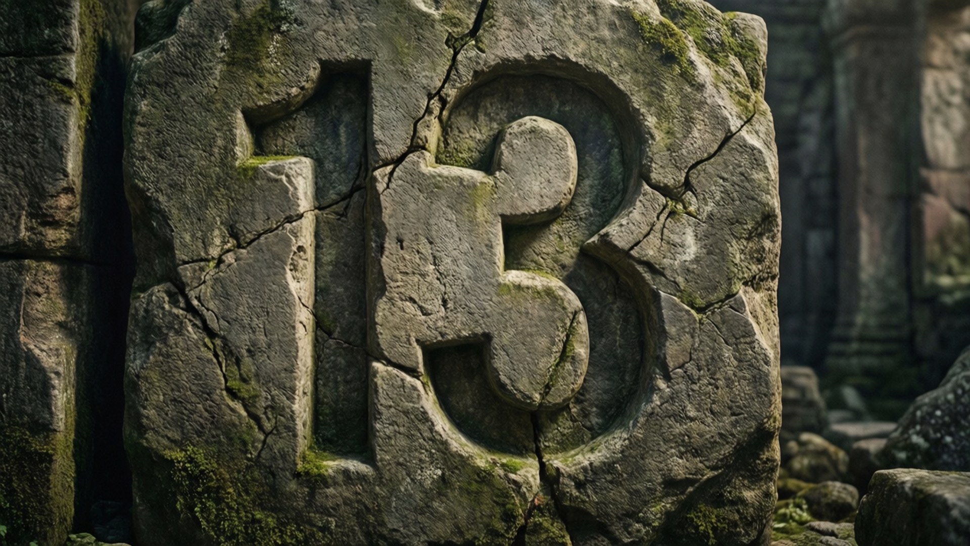 石雕13號 壁紙 — 一塊風化的石板刻有數字十三，在古老的廢墟中裂開並長滿青苔。
