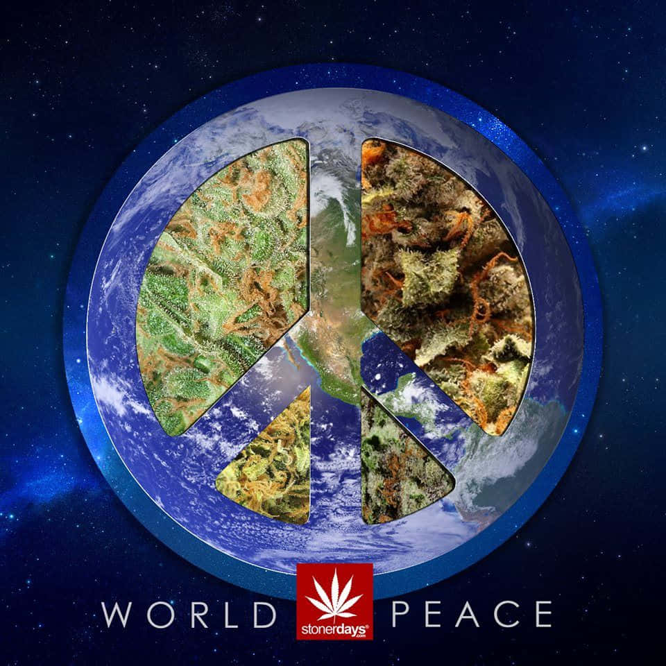 由大麻花蕾製成的和平符號疊加在太空中的地球上。