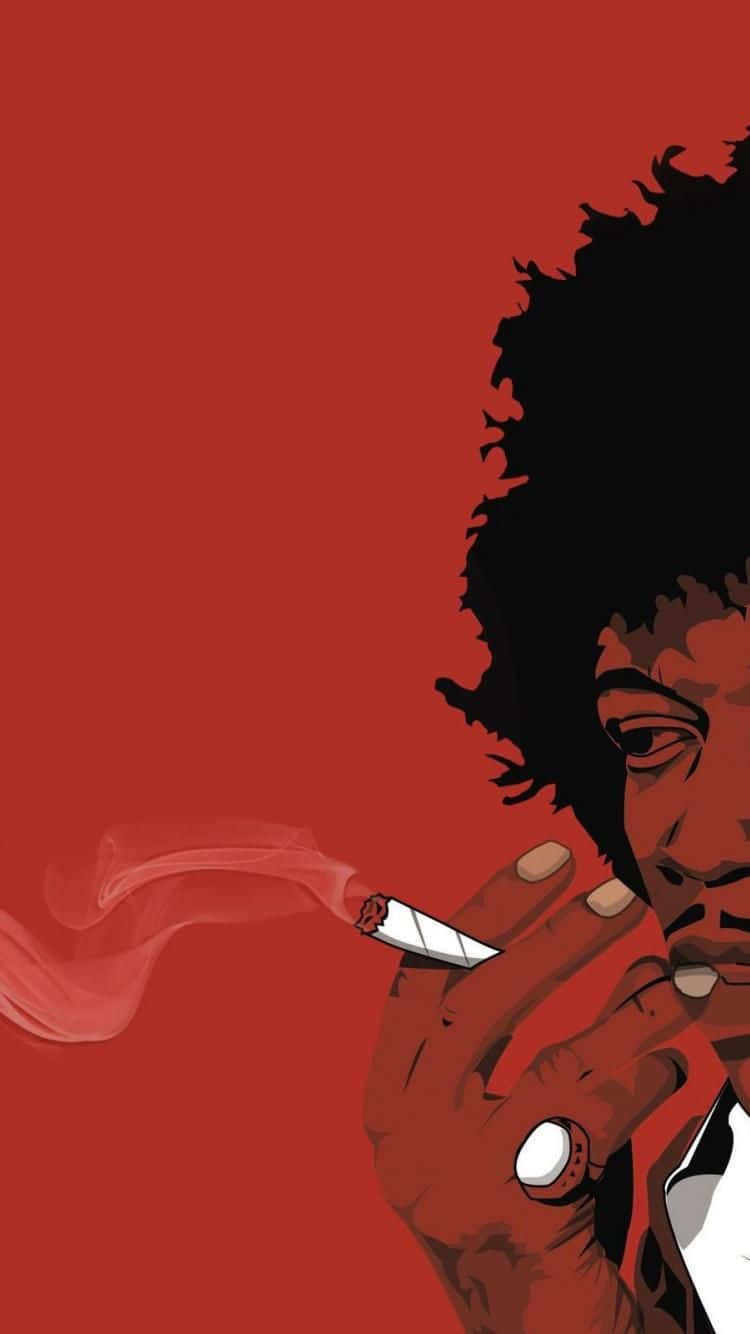 有非洲式髮型的男人在紅色背景上吸煙