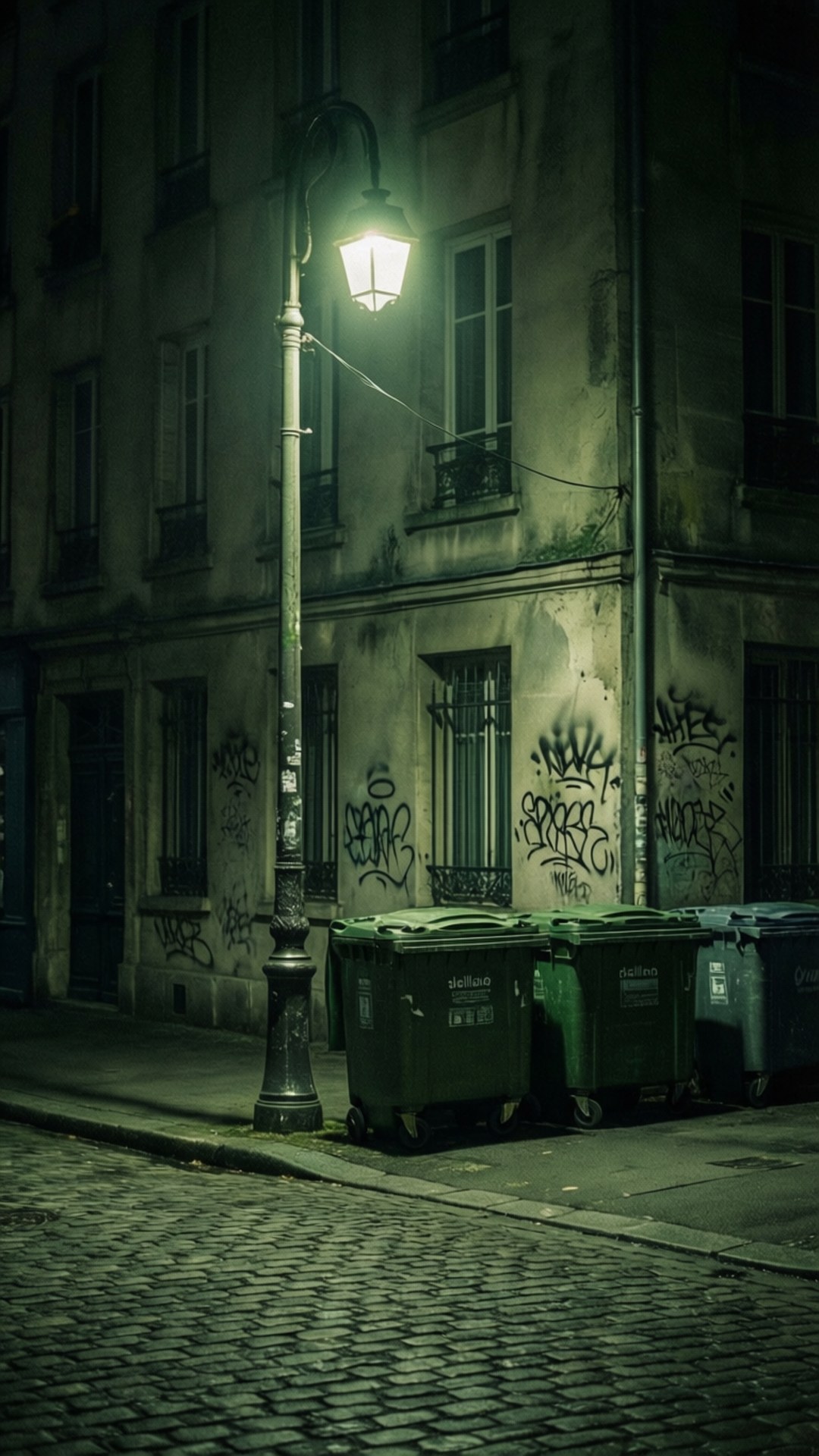 一盞孤獨的街燈在夜間照亮了塗鴉覆蓋的都市小巷。