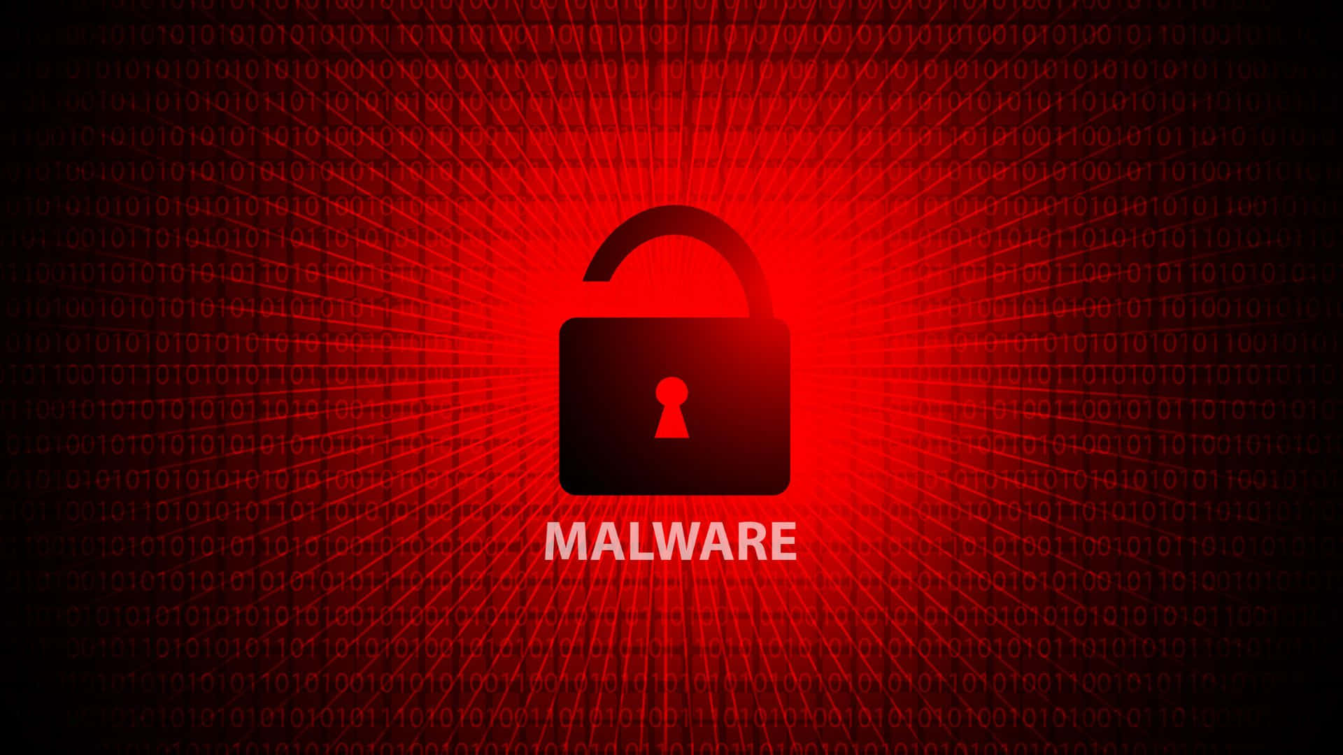 一個帶有 malware 字樣的黑色掛鎖圖標，位於帶有二進制代碼的紅色數位背景上。