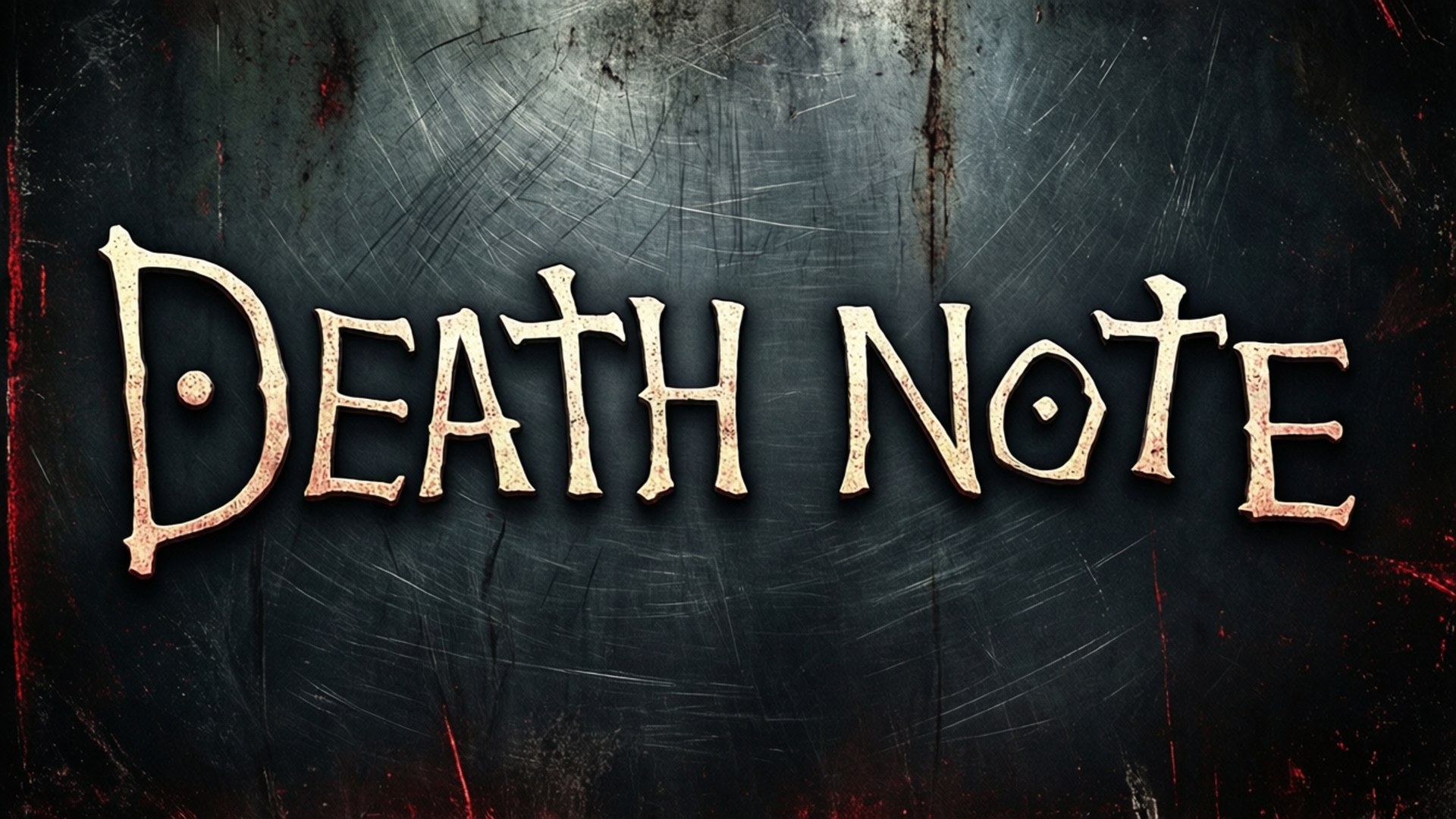 喺刮花嘅深色金屬表面上帶有紅色污漬嘅 Death Note 標題標誌。