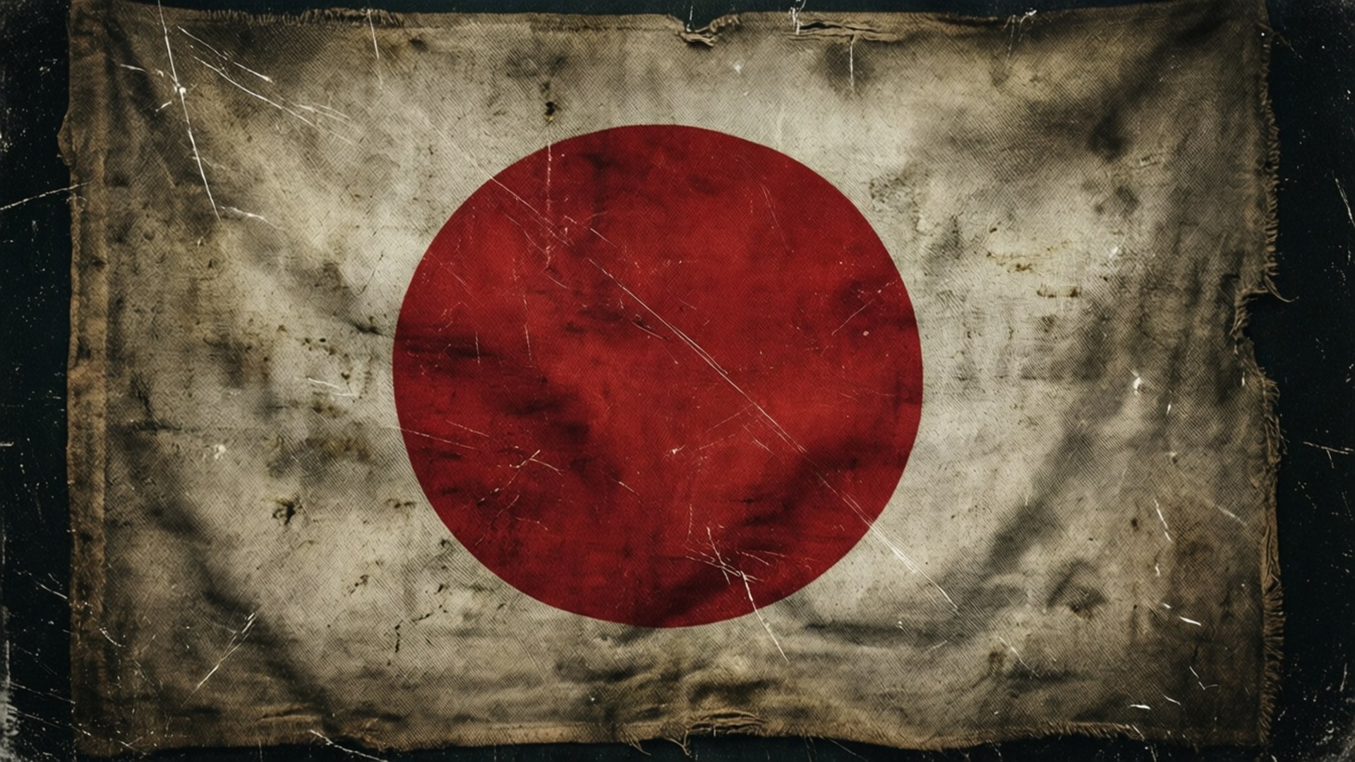 破舊的日本國旗，在陳舊布料上有紅色圓圈。