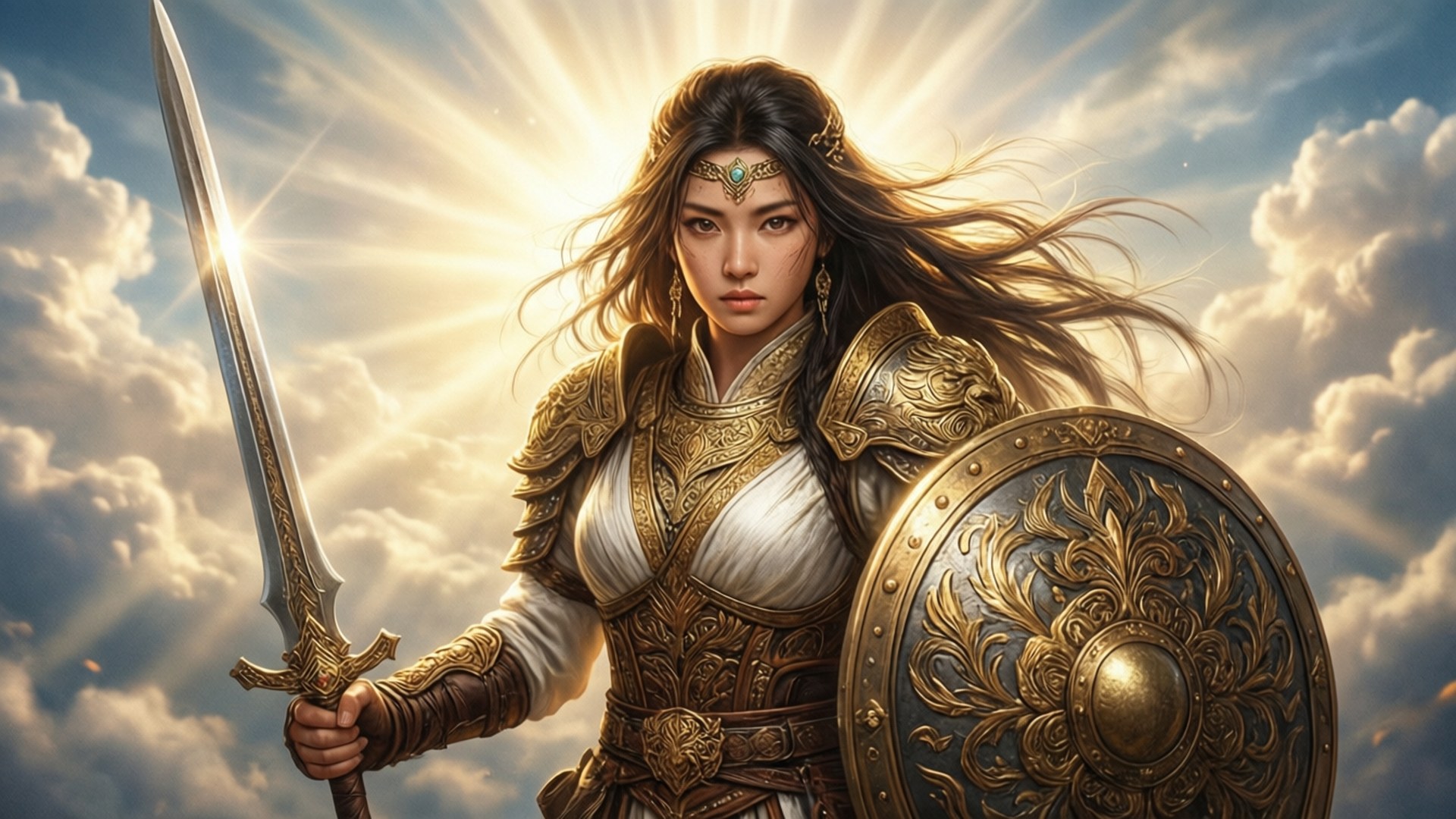 破曉之光 壁紙 — 一位光芒四射的裝甲女戰士，揮舞劍與盾，背景是陽光四射的天空，長髮飄逸。
