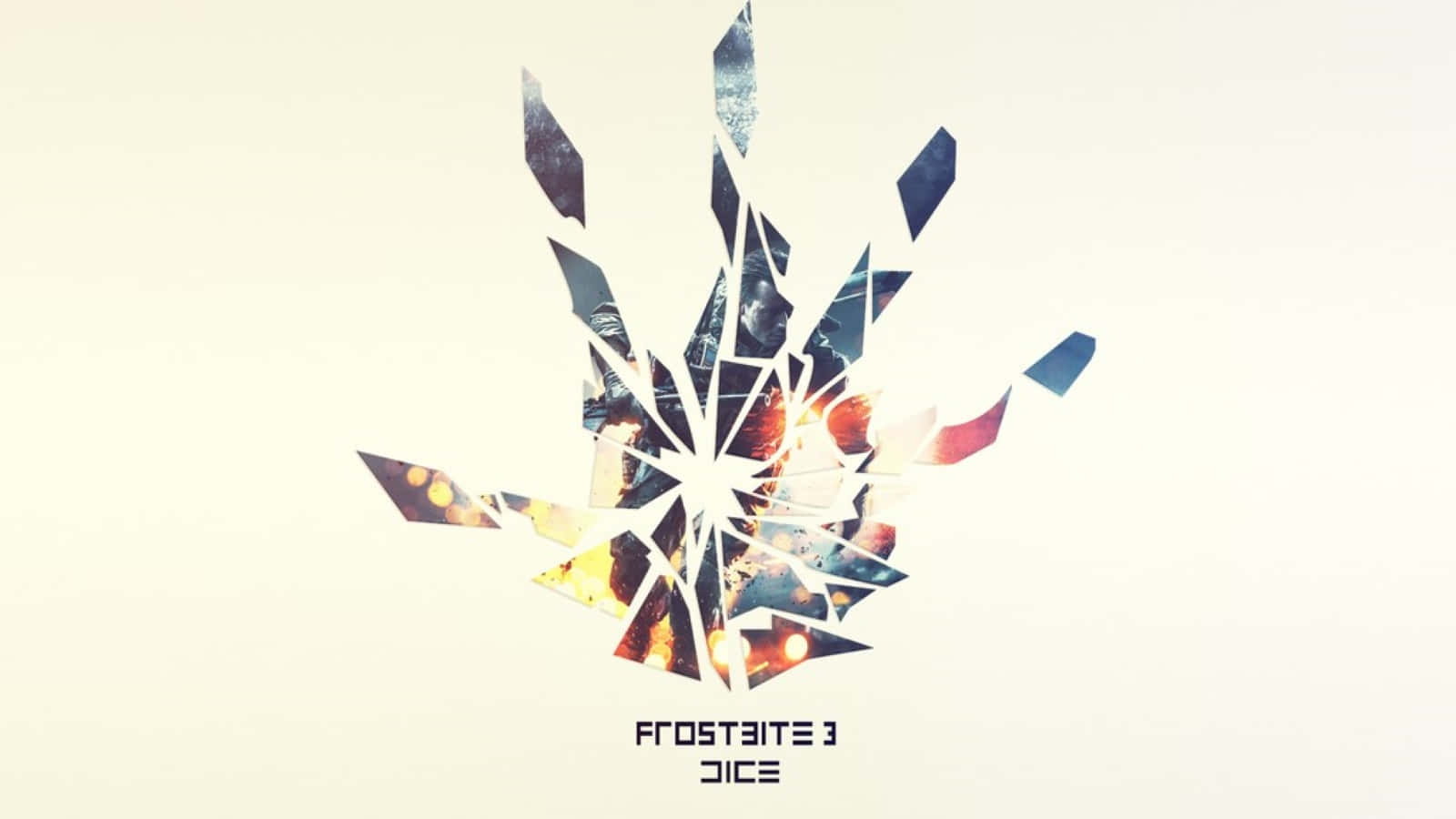 Frostbite 桌布 壁紙 — 破碎玻璃效果從中心點向外輻射，帶有火焰和冰霜碎片，背景蒼白。