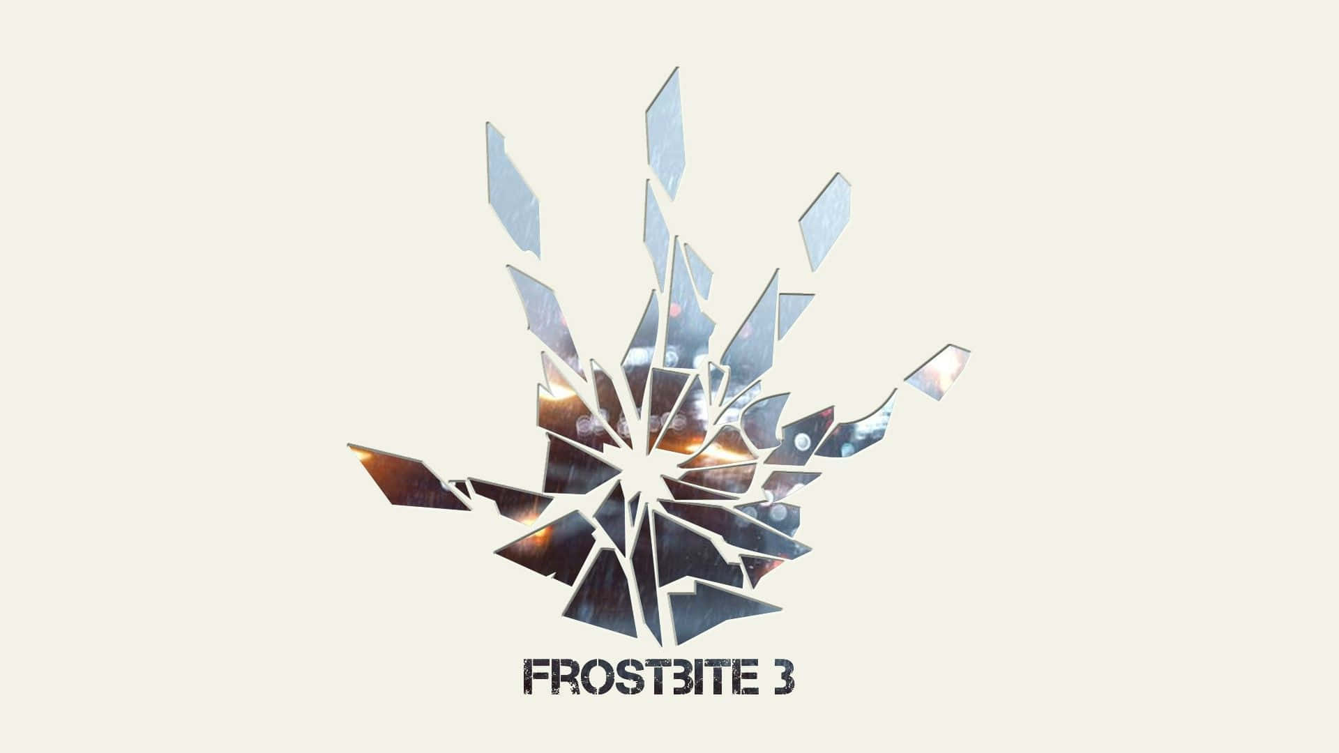 Frostbite 桌布 壁紙 — 破碎玻璃爆炸向外輻射，背景為淡米色，下方有 'FROSTBITE 3' 文字。