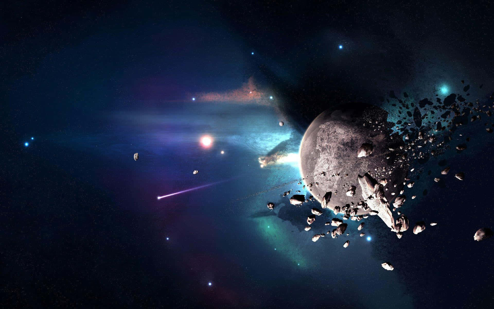 Asteroid 桌布 壁紙 — 破碎的月亮在充滿發光星星和遙遠行星的充滿活力的宇宙星雲中漂流。