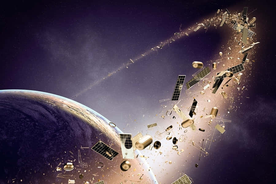 Space Debris 桌布 壁紙 — 破碎衛星碎片軌跡在星空紫色天空下，穿過地球彎曲地平線上方弧線劃過太空。