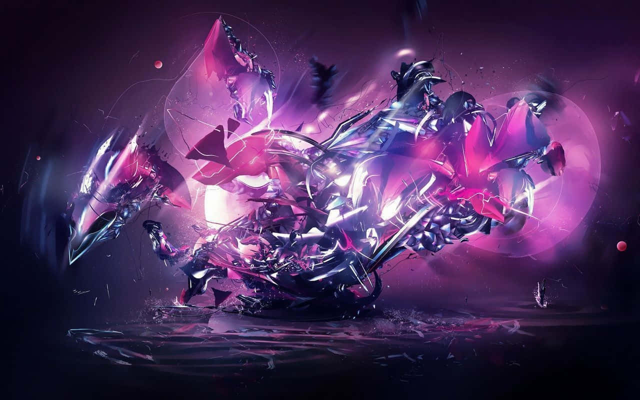 破碎金屬紫色巨龍 壁紙 — 一條破碎的水晶龍，帶有發光的粉紅色和紫色碎片，從黑暗的水中噴出，背景是宇宙。