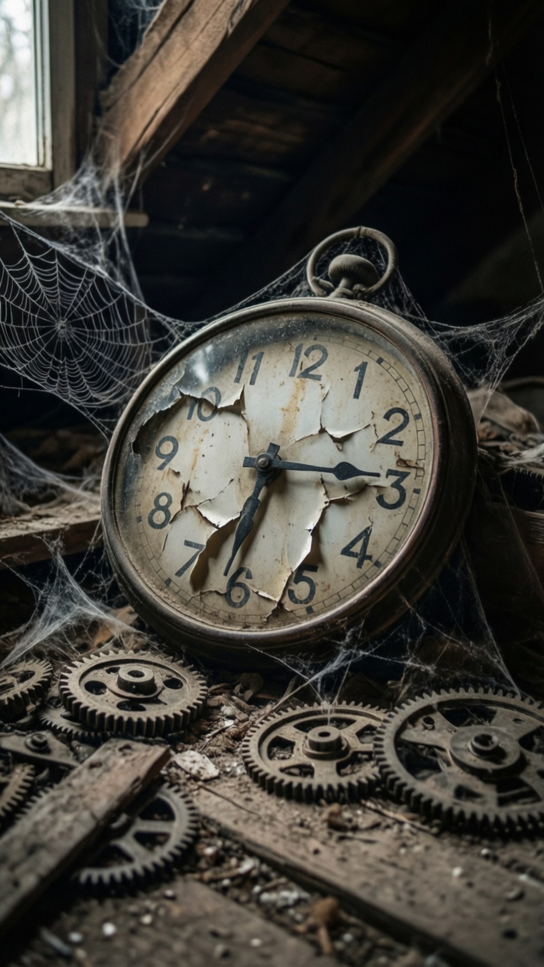 破舊閣樓時鐘 壁紙 — 一個破裂的復古懷錶覆蓋著蜘蛛網，躺在塵土飛揚的閣樓中生鏽的齒輪之間。