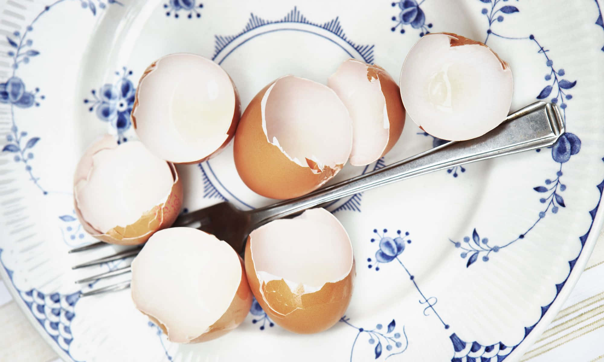 Eggshell 桌布 壁紙 — 破裂的棕色蛋殼放在一個藍色花卉圖案的碟子上，旁邊有一把銀叉。